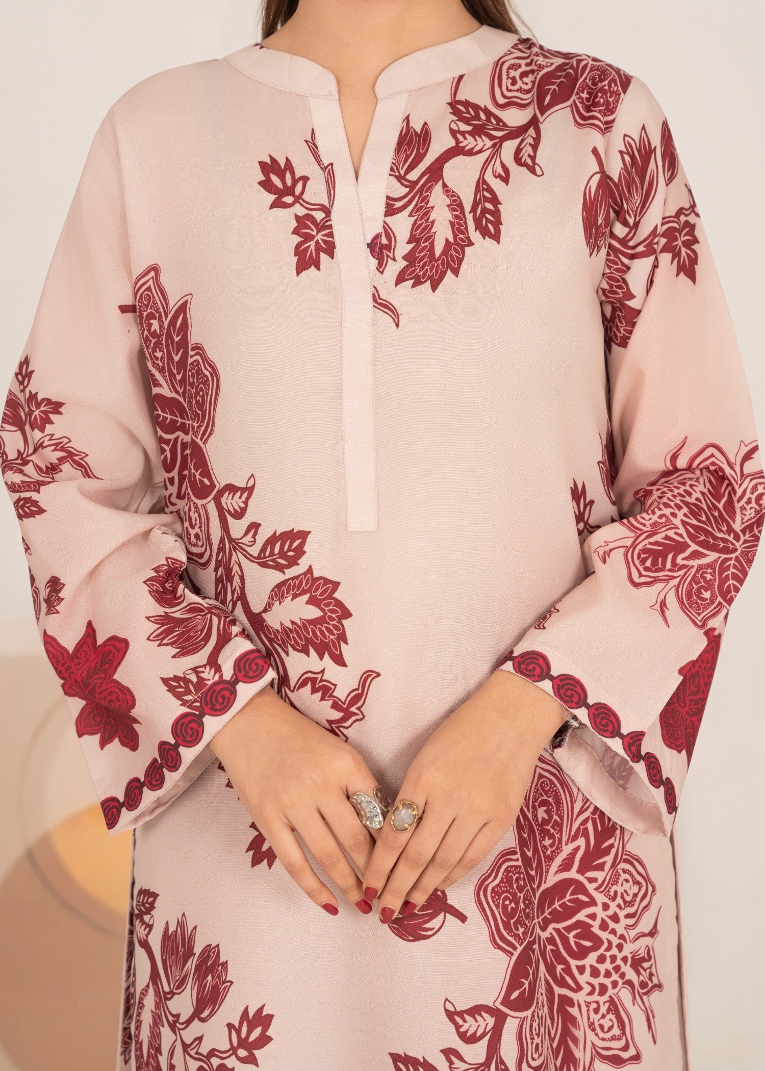 poly lawn Kurta Set in Maroon, cream