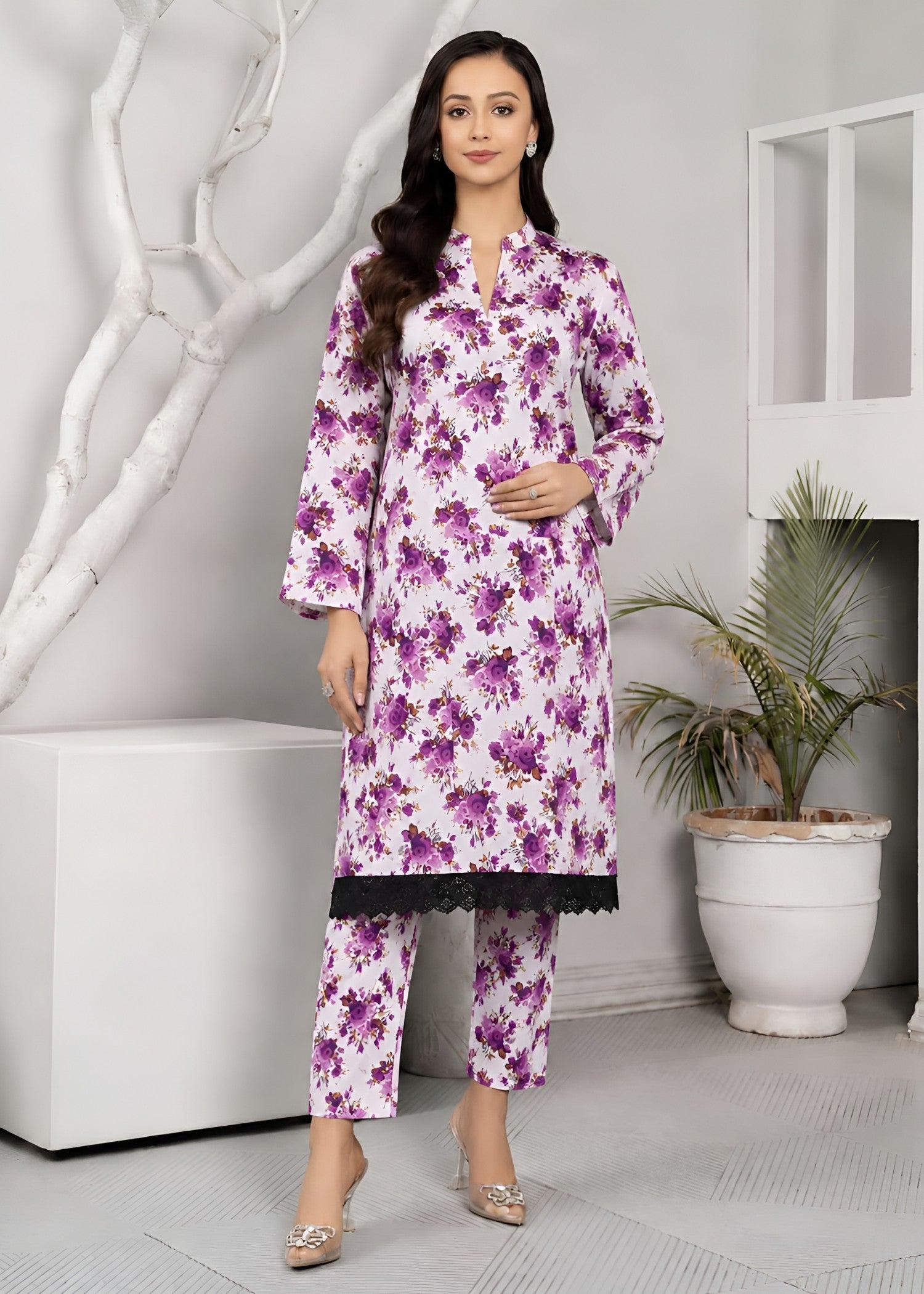 linen Co Ord Sets in White, purple heart