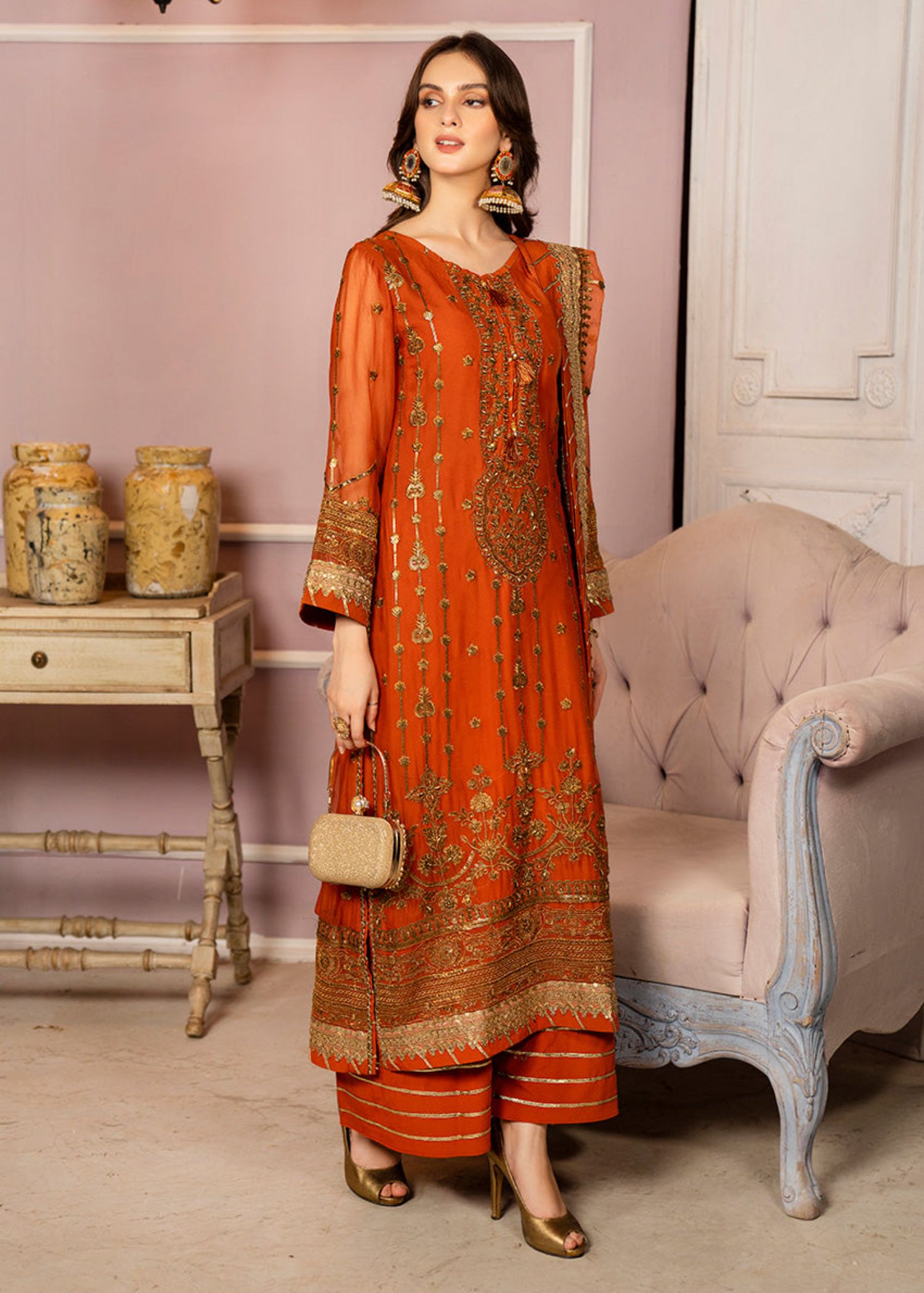 chiffon Kurta Set in Rust orange
