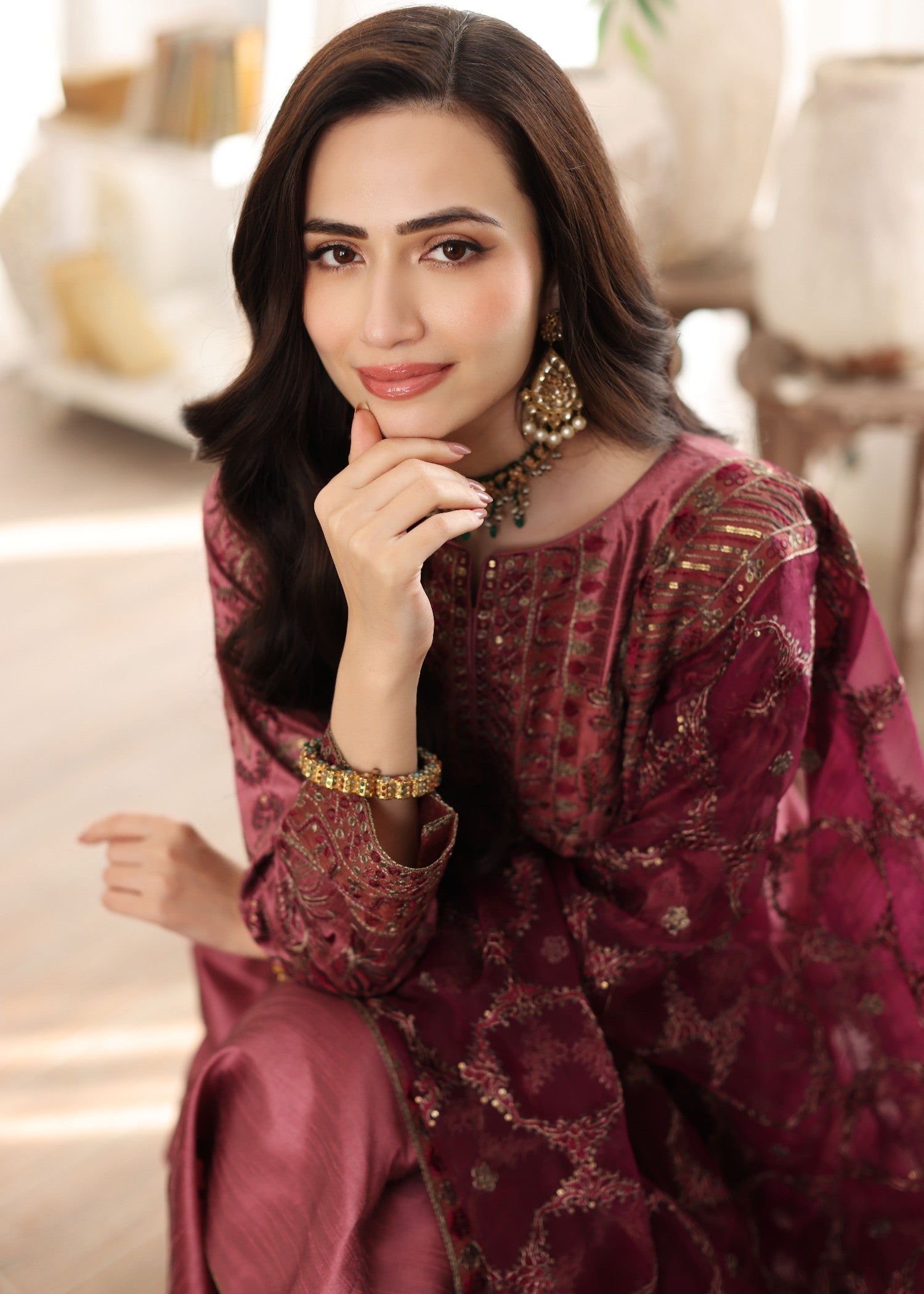 indian raw silk Pishwas in Berry red