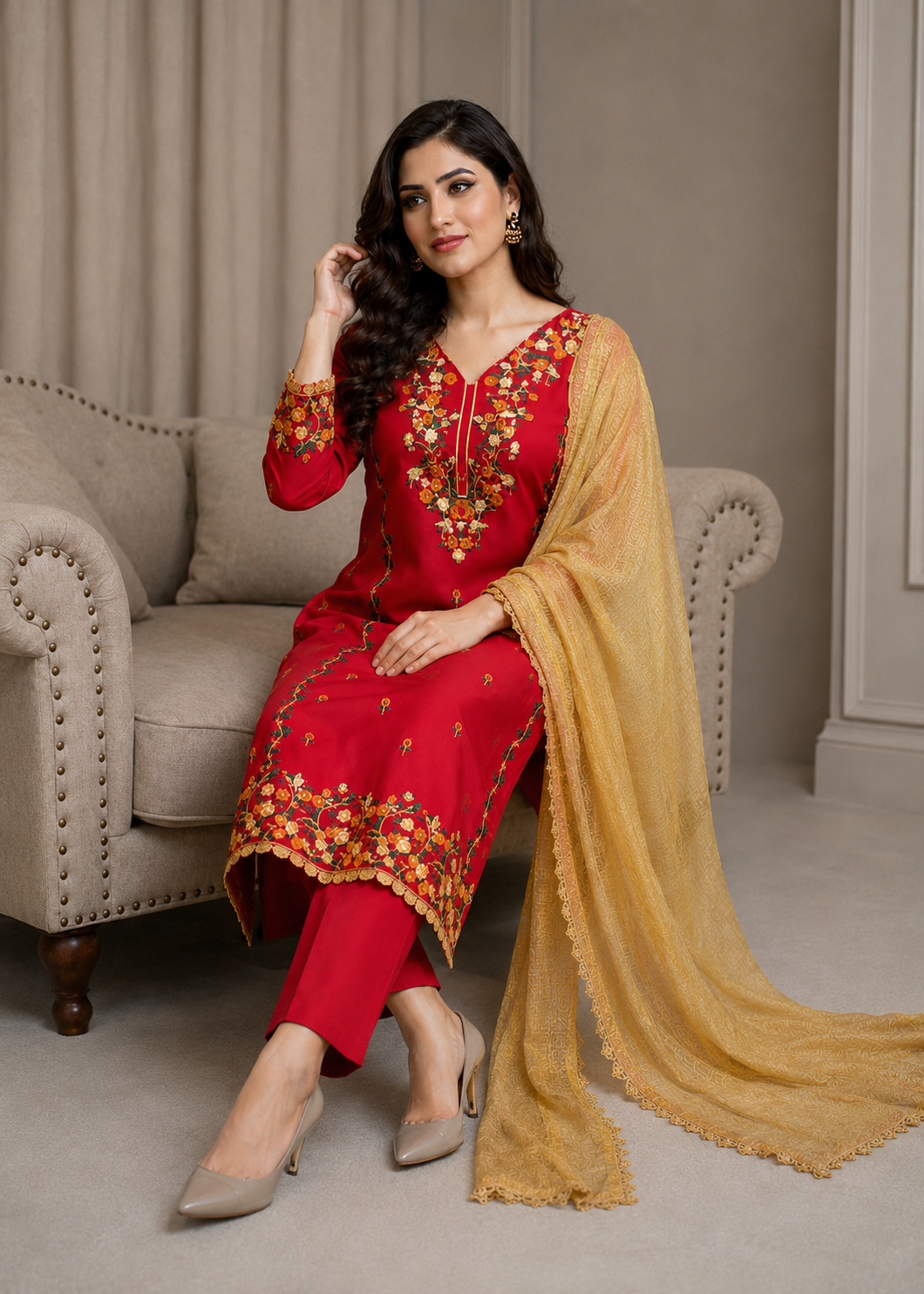 lawn cotton Unstitched in Tomato red