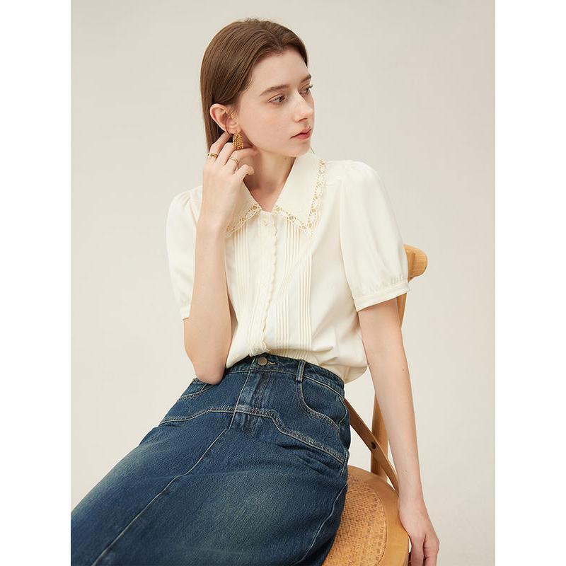 Elegant Summer Embroidered Polo-Neck Blouse with Petal Sleeves
