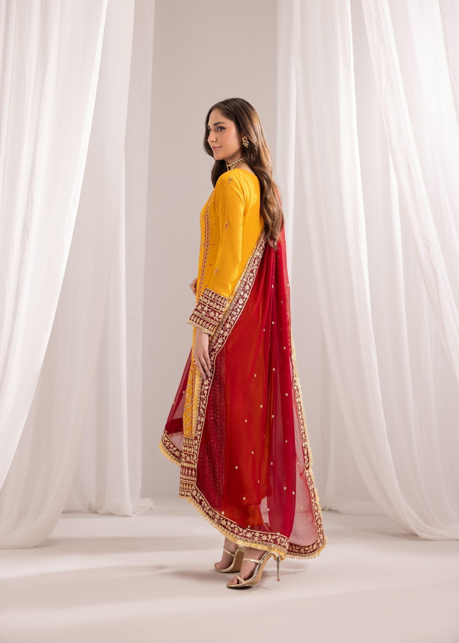 bemberg crinkle chiffon Kurta Set in Mustard, maroon