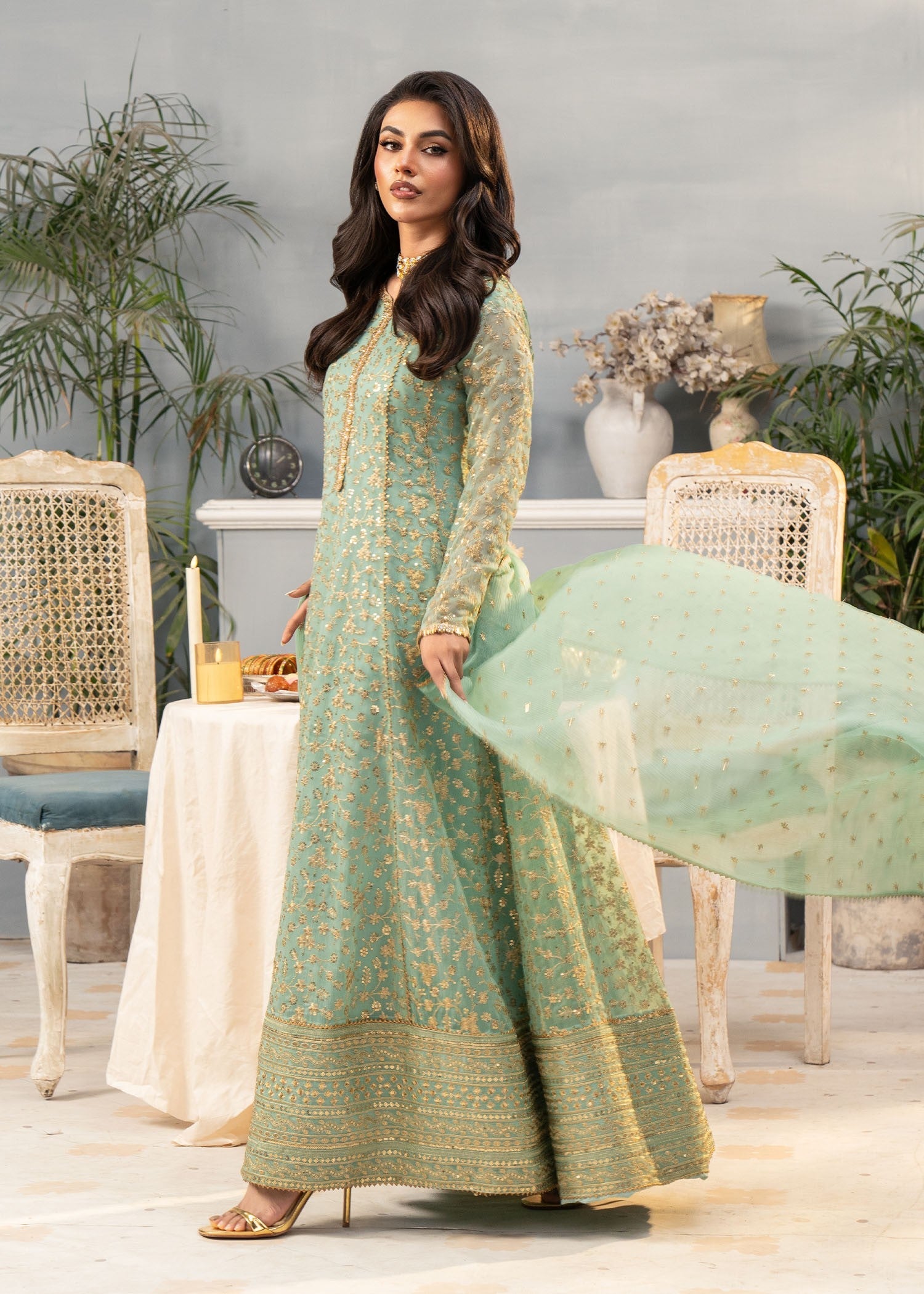 chiffon Pishwas in Pastel green