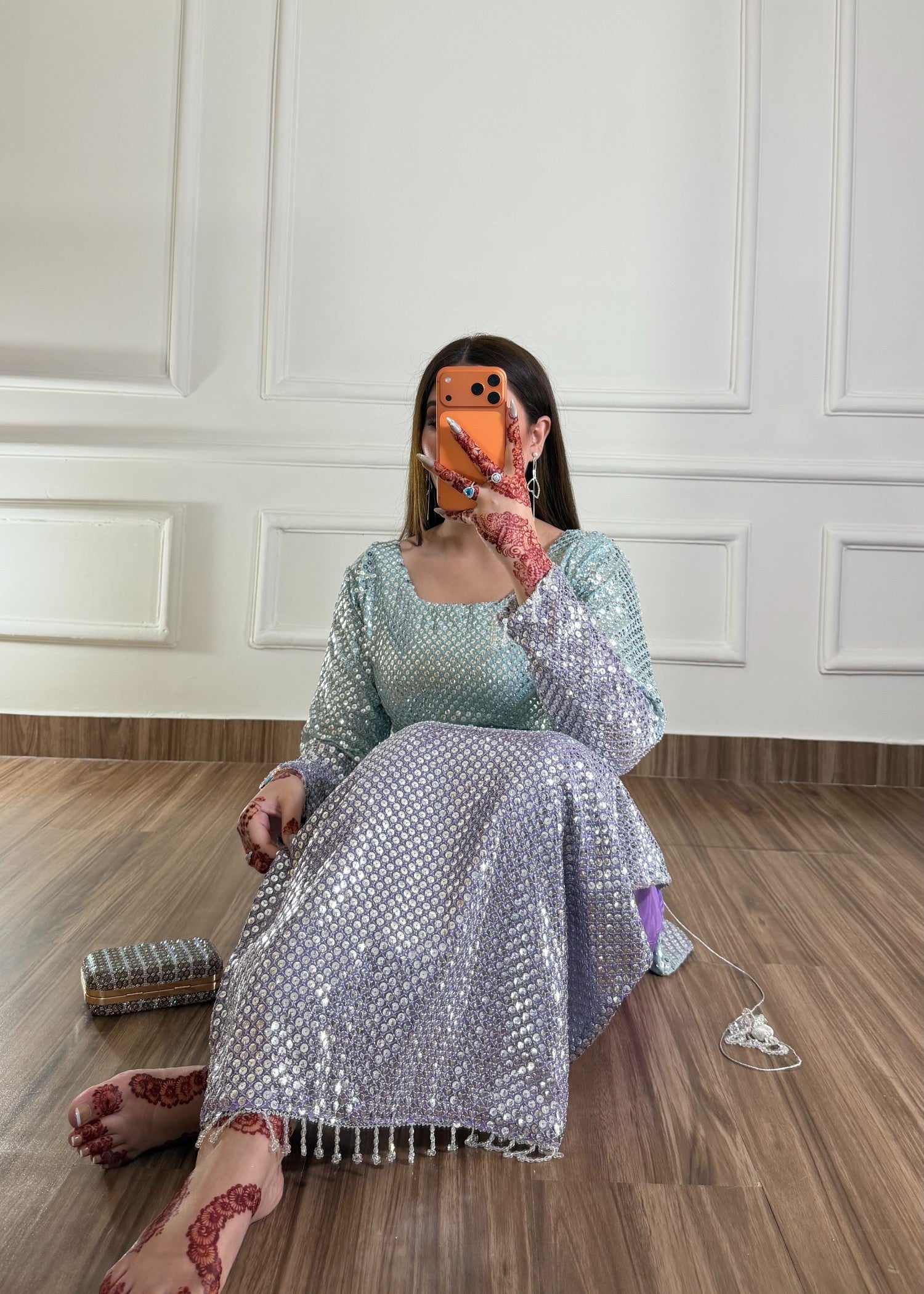 bemberg crinkle chiffon Kurta Set in Sky blue, bright lavender