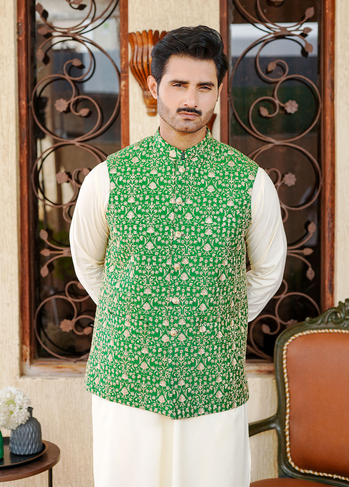 banarasi jamawar Waistcoat in Lime green