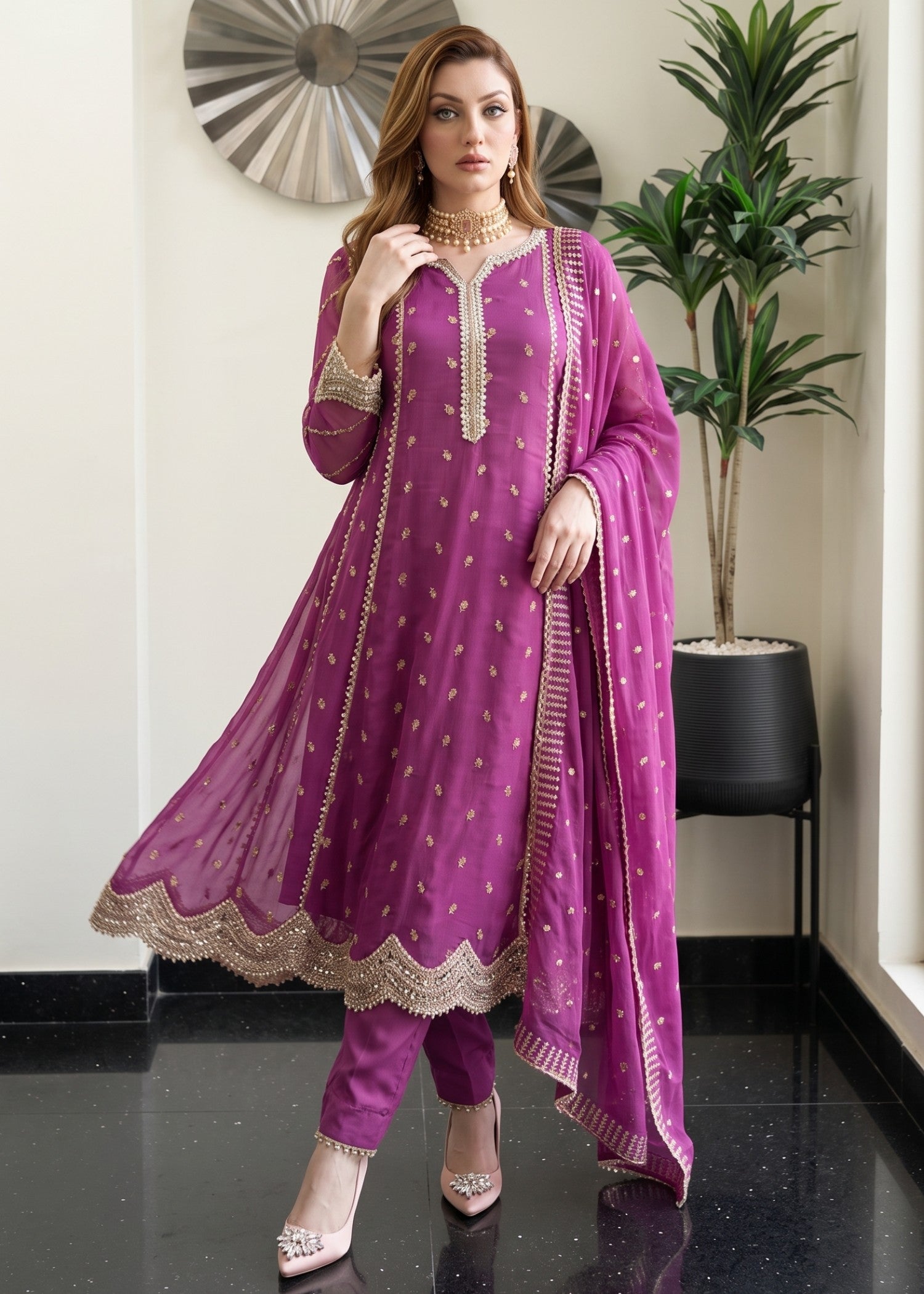 chiffon Pishwas in Mauve