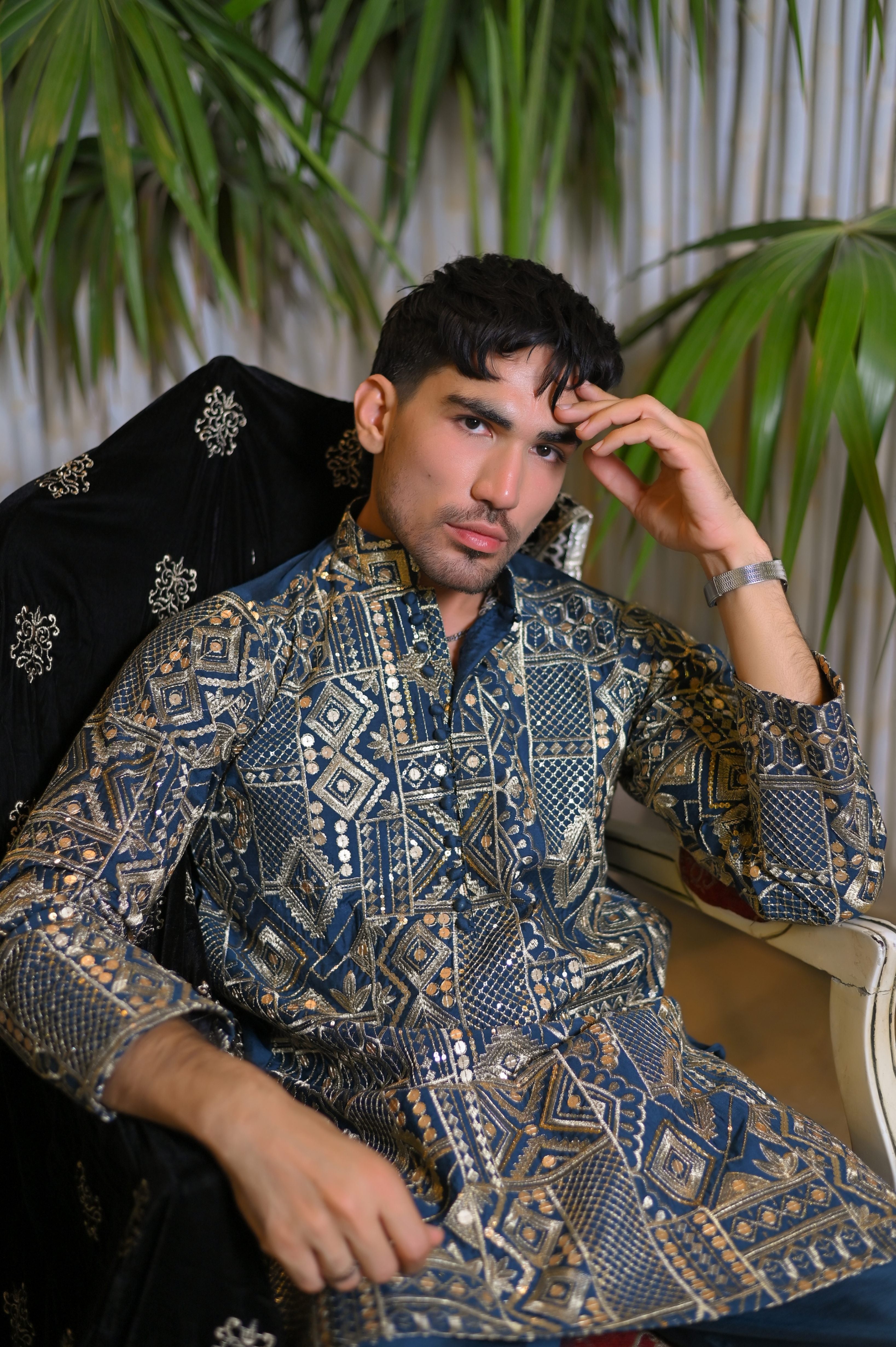 raw silk Kurta Set in Dark blue