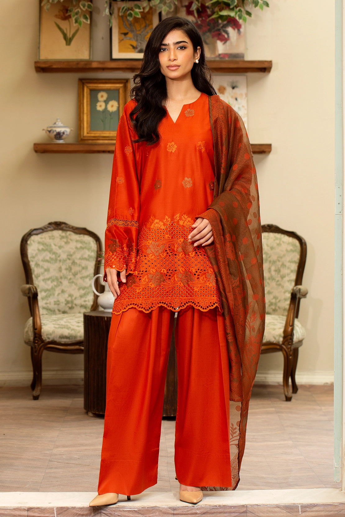 zari lawn Unstitched in Bronze orange