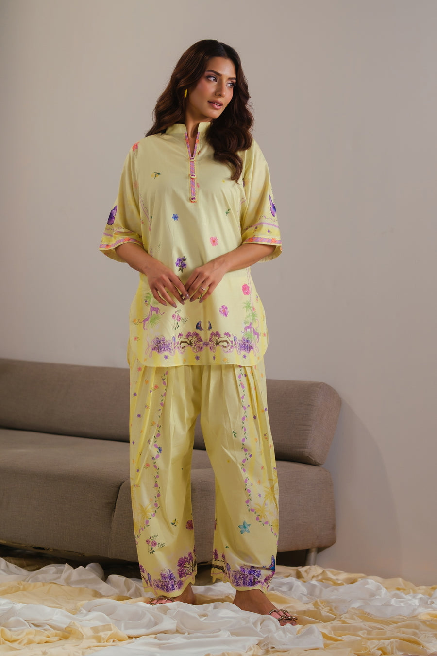 lawn cotton Co Ord Sets in Lemon