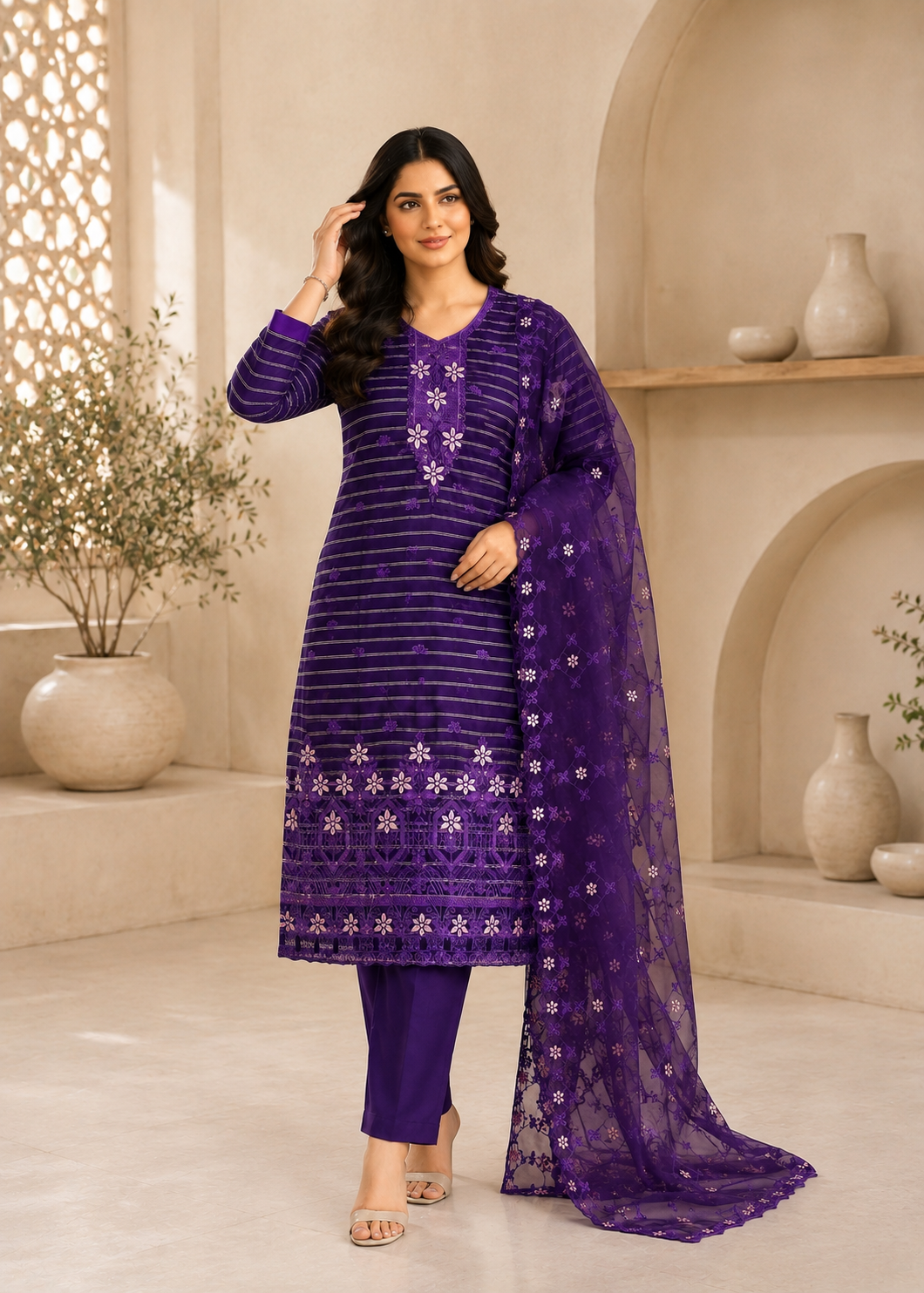 linen jacquard Kurta Set in Purple heart