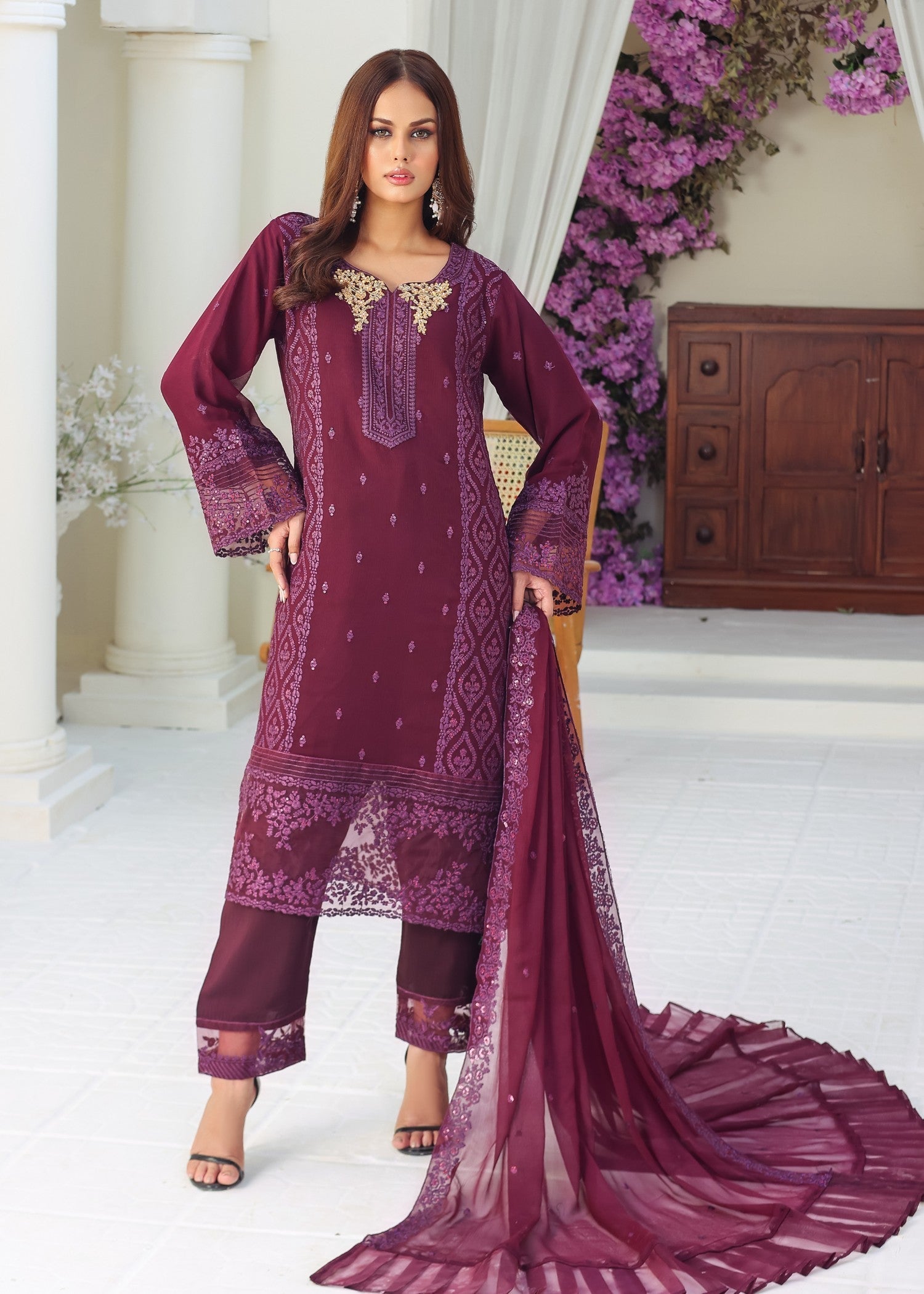 bemberg crinkle chiffon Kurta Set in Burgundy