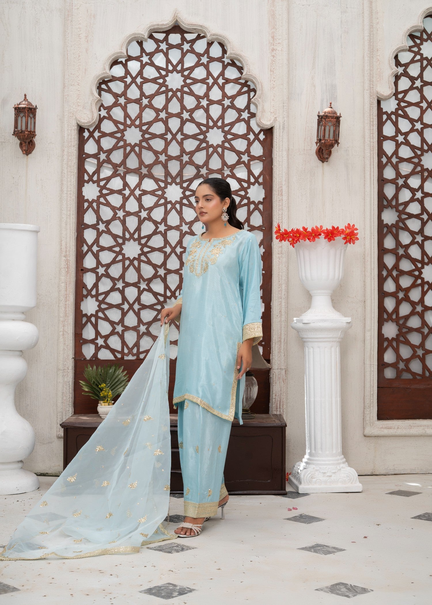 raw silk Kurta Set in Pacific blue