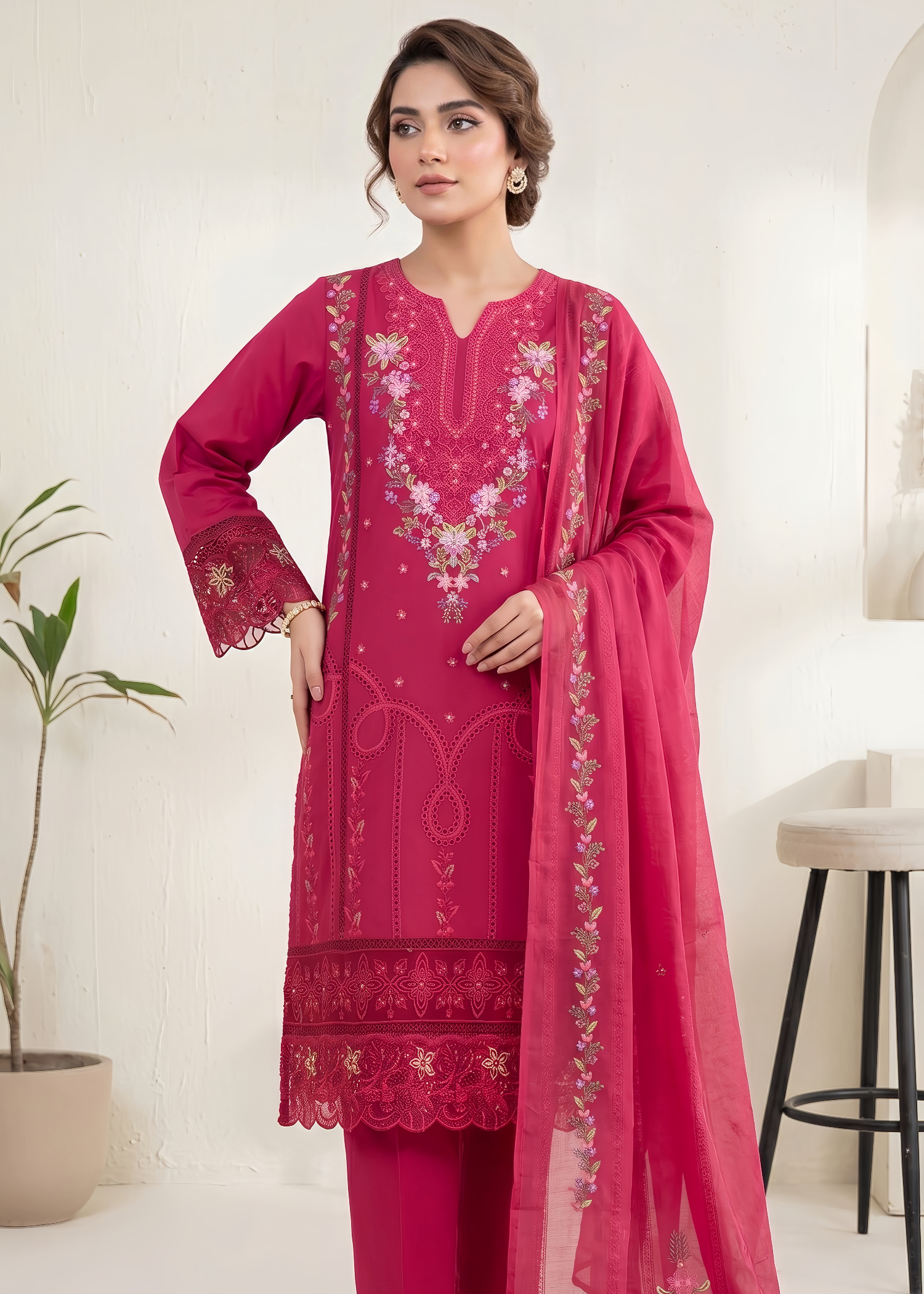 lawn Kurta Set in Cherry red