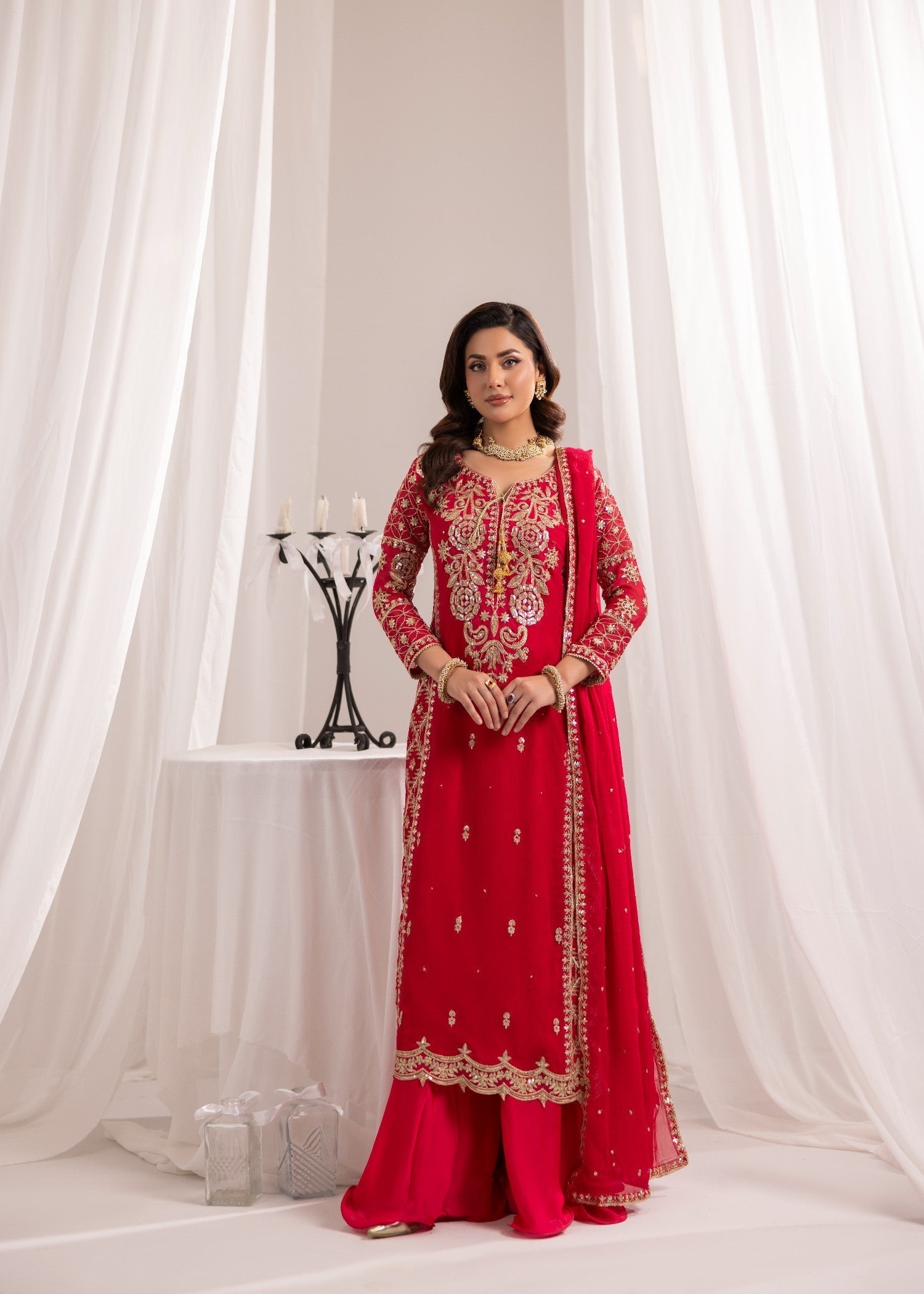 bemberg crinkle chiffon Kurta Set in Hot pink
