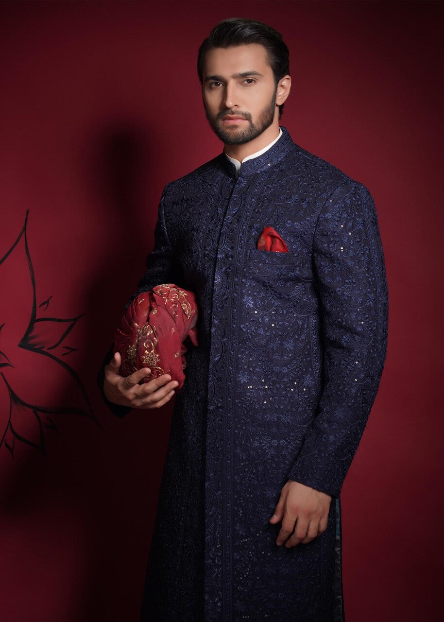 raw silk Sherwani in Navy blue