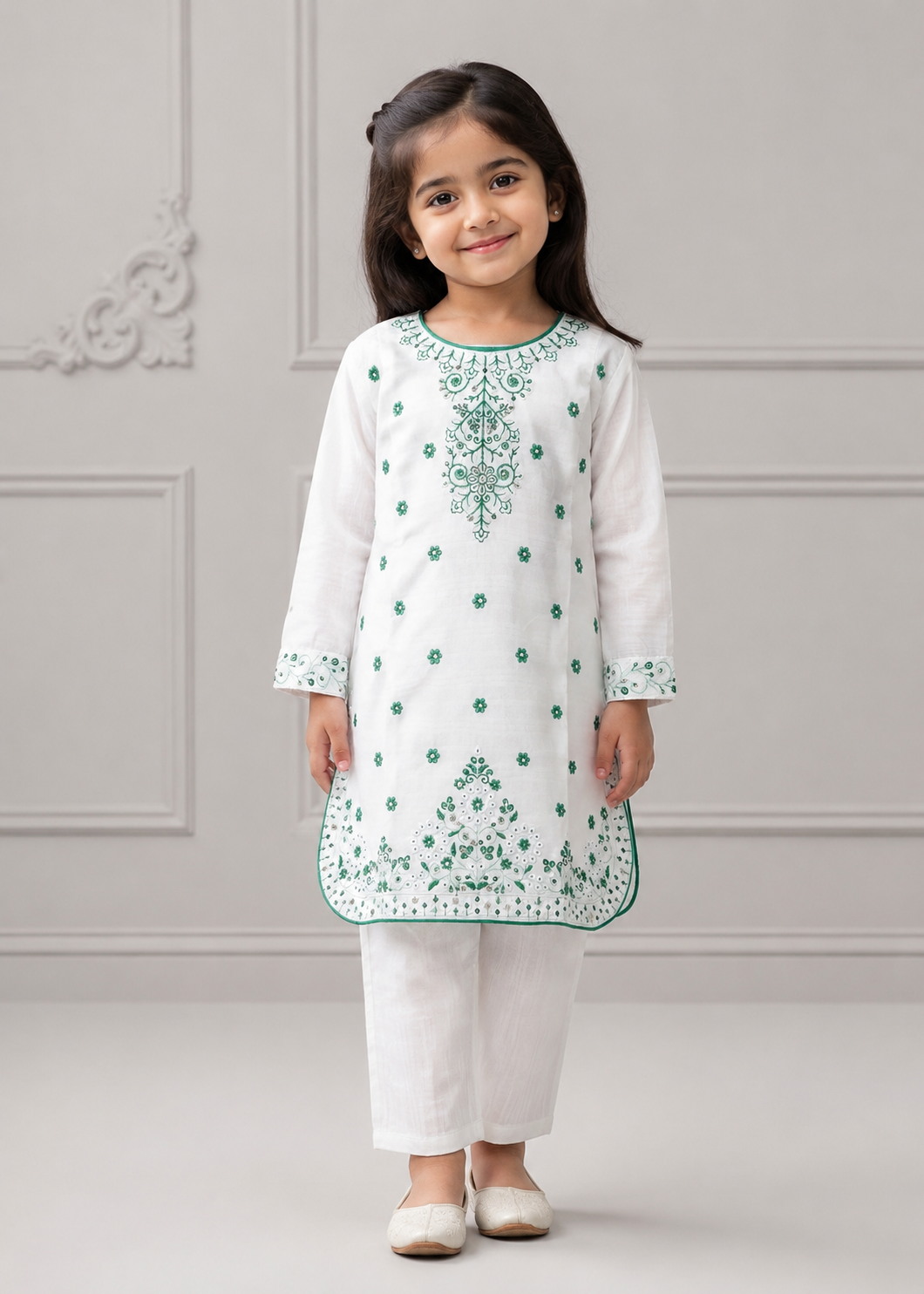 cotton Kurta Set in White, sea green