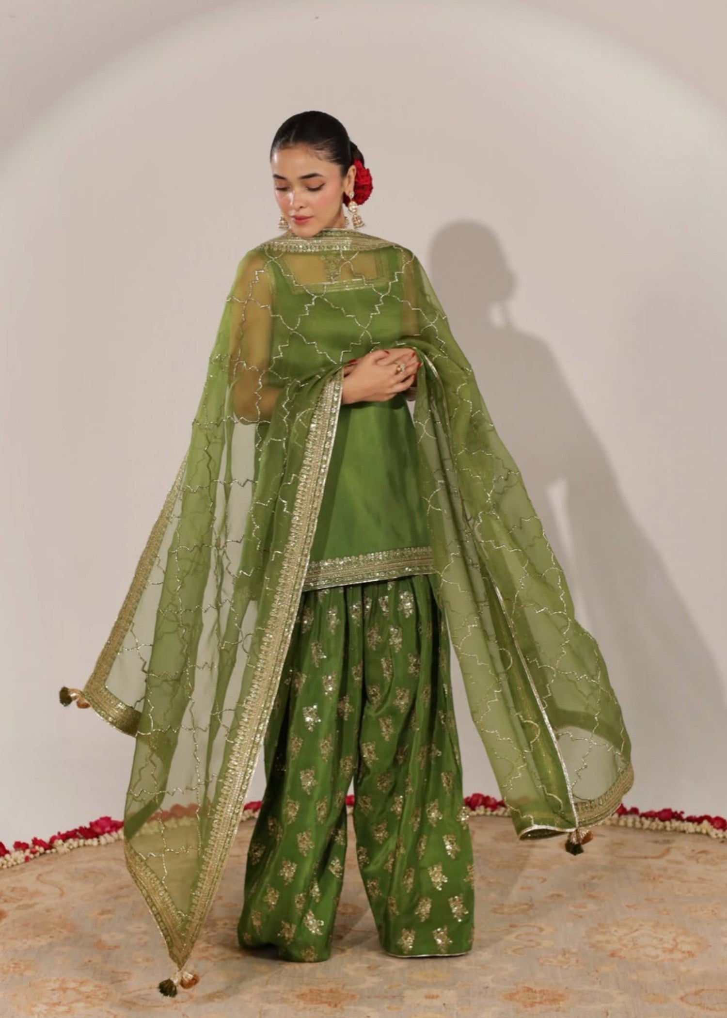 raw silk Kurta Set in Apple green