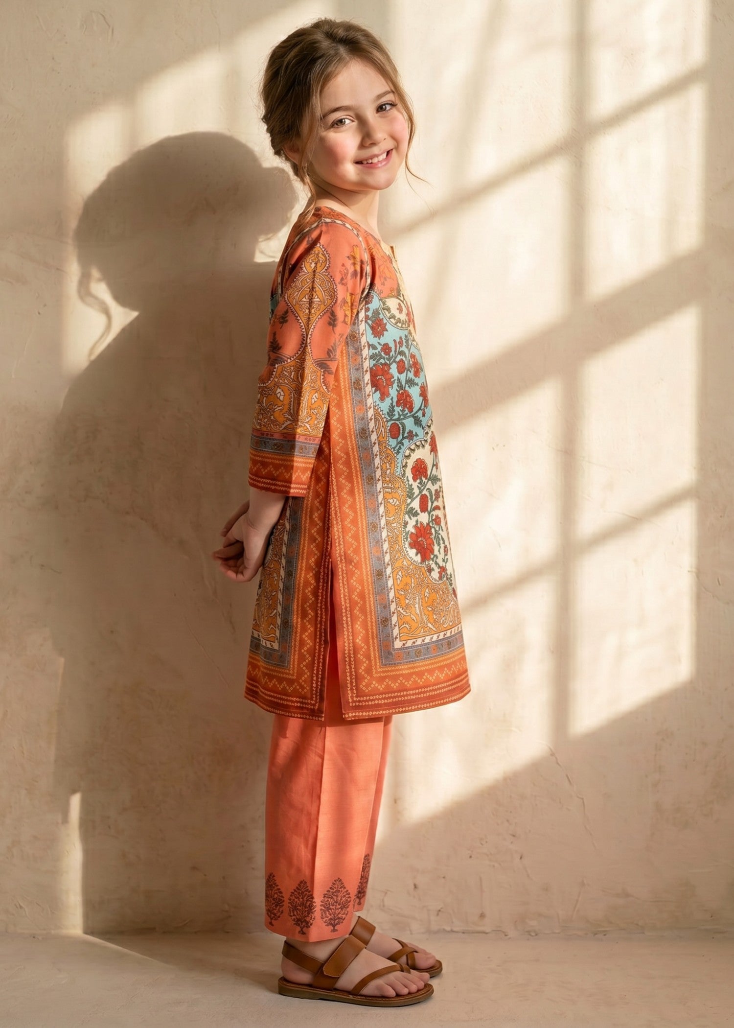 crepe polyester Kurta Set in Orange