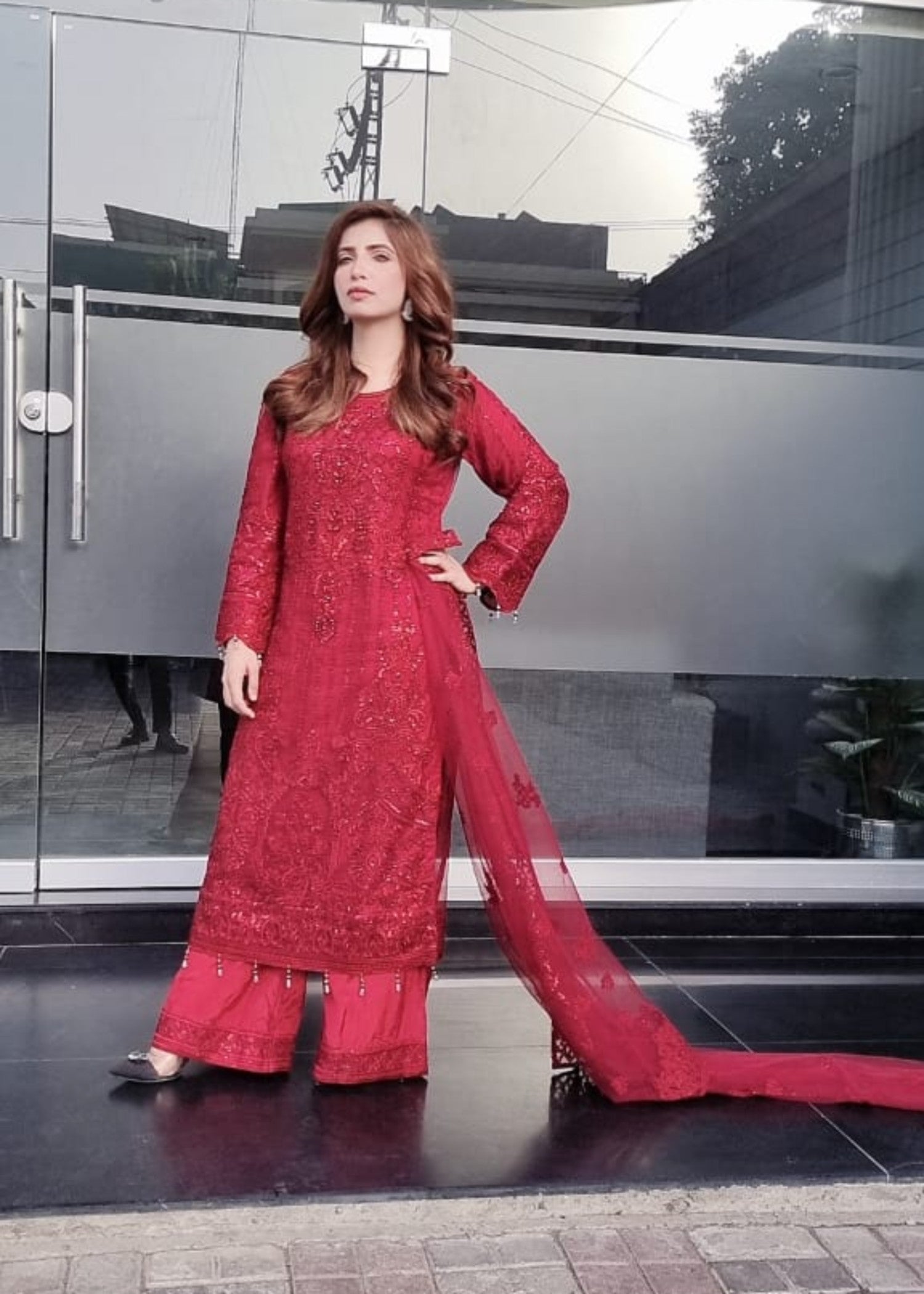net Kurta Set in Blood red
