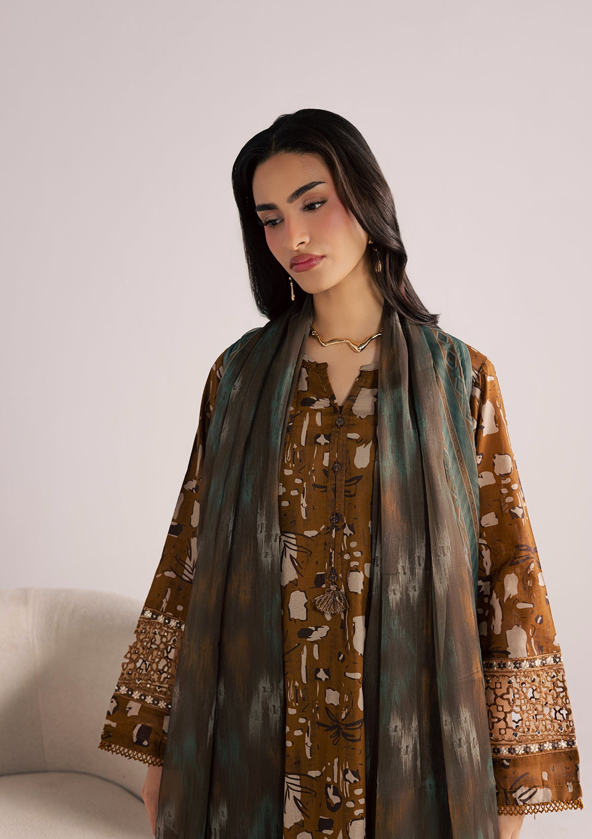 lawn Kurta Set in Caramel brown