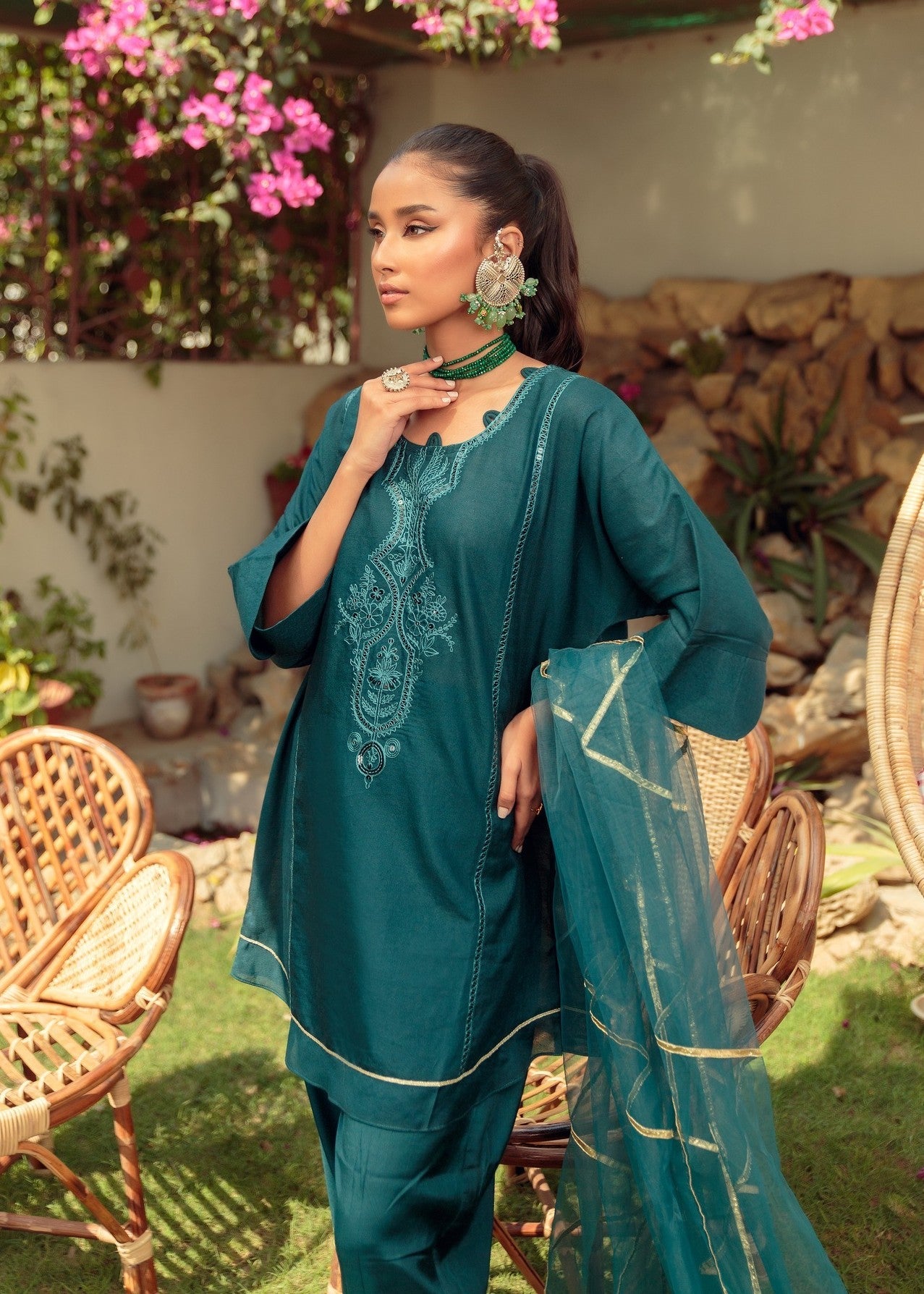 cotton net Kurta Set in Bottle green