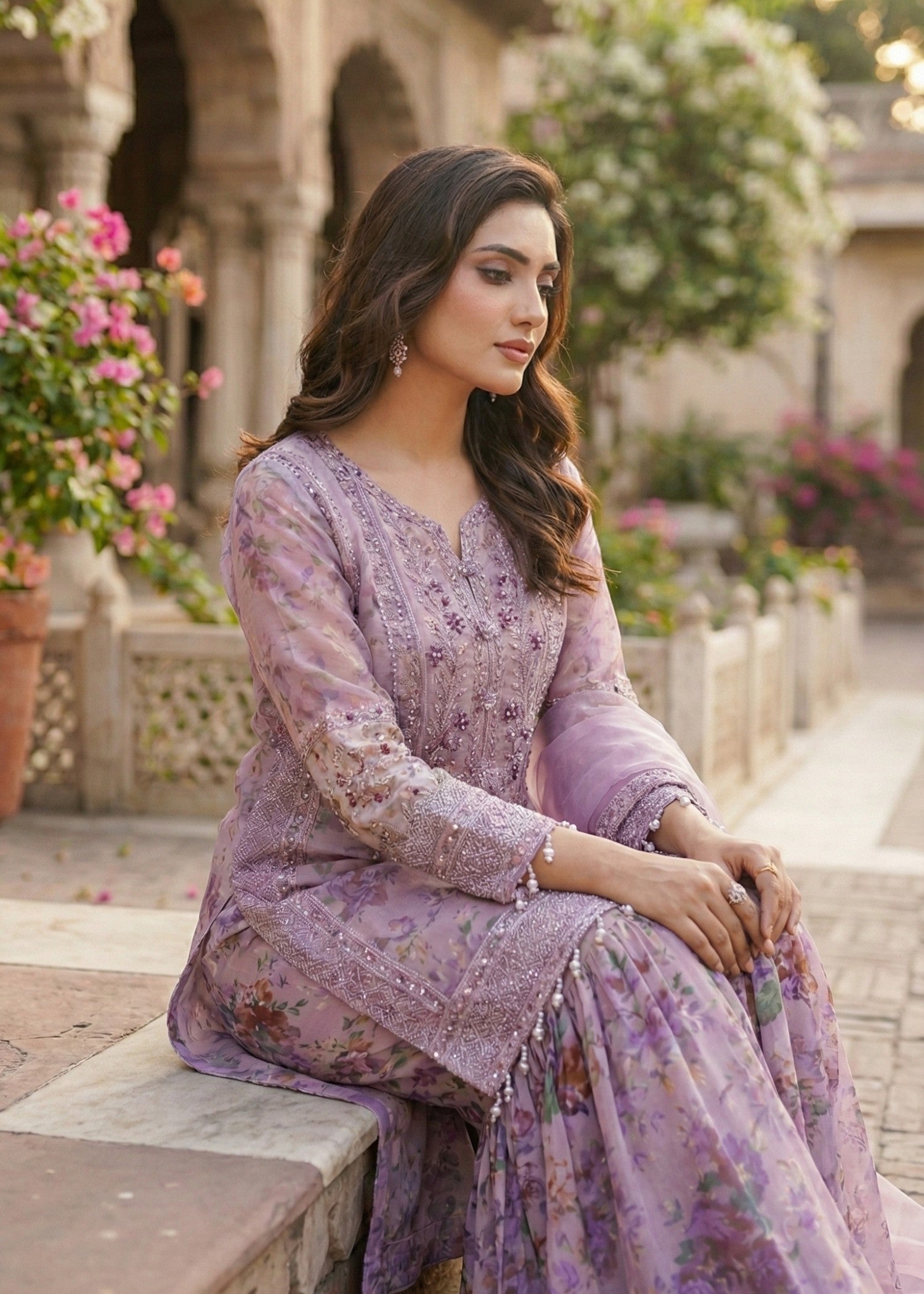 organza Gharara in Lavender mist