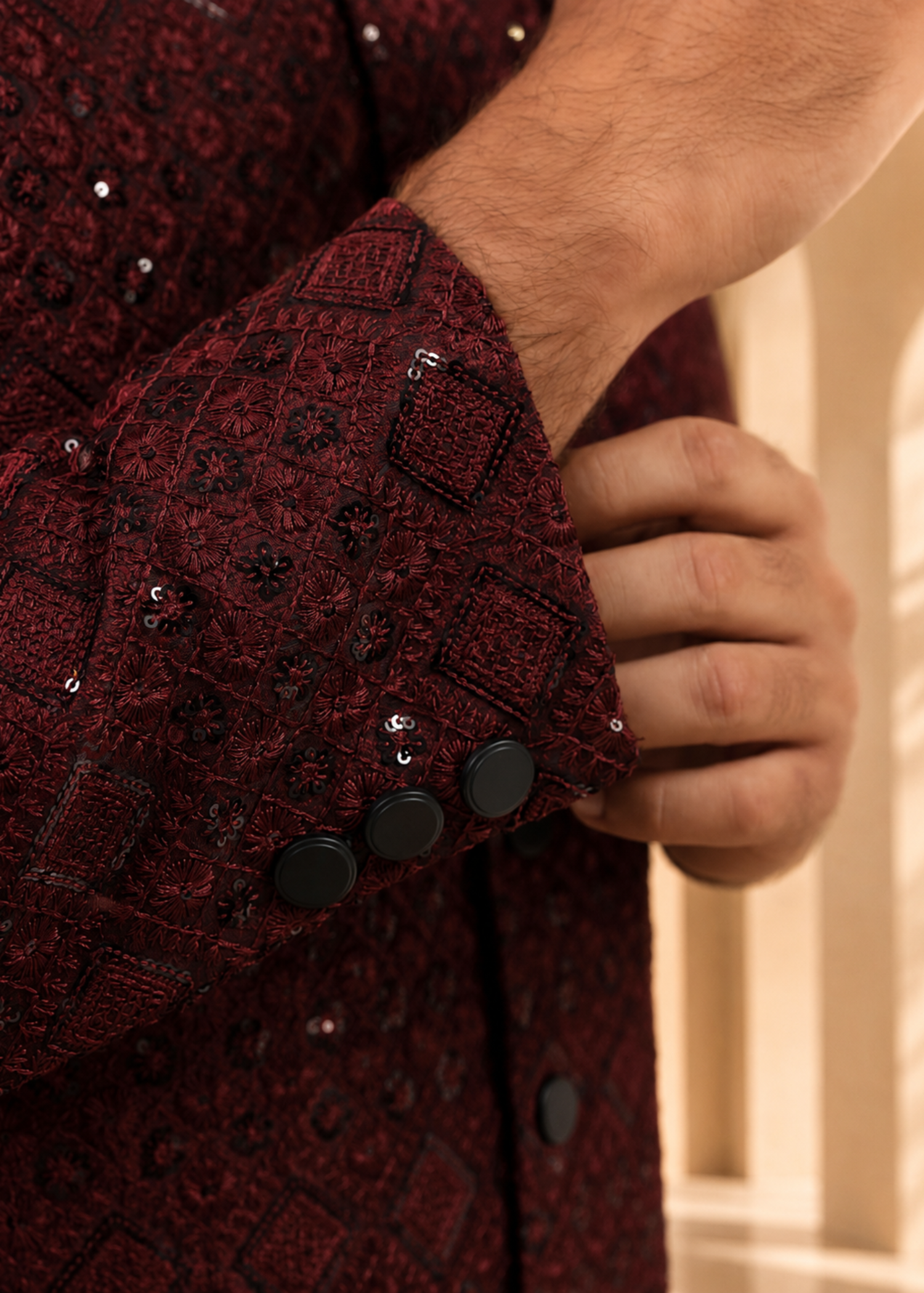 jamawar Sherwani in Maroon - view 8