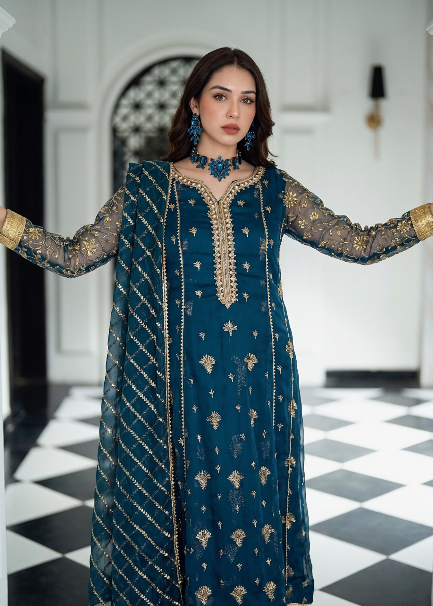 chiffon Anarkali in Prussian blue, twilight blue
