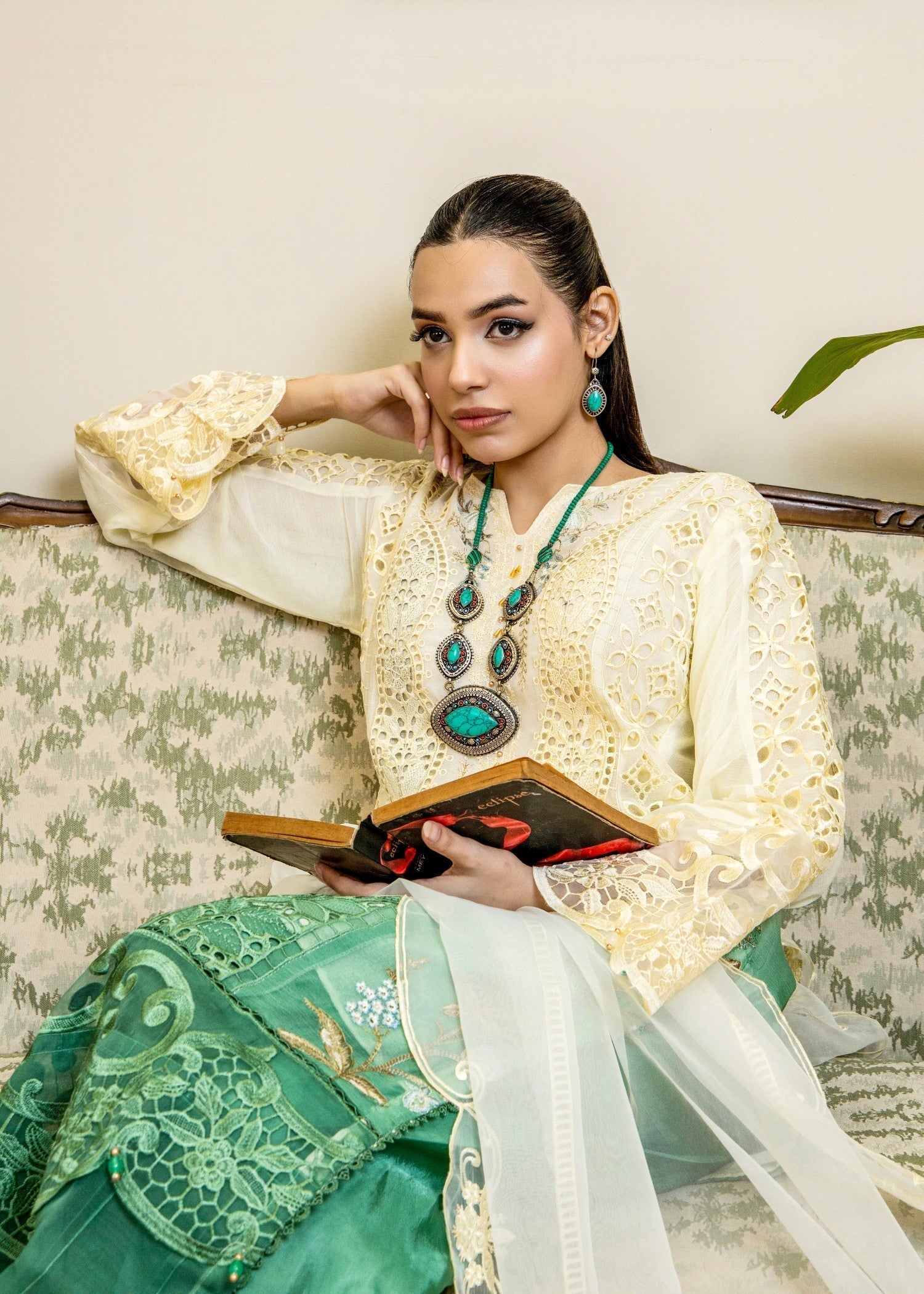 chiffon Kurta Set in Jade green, ivory