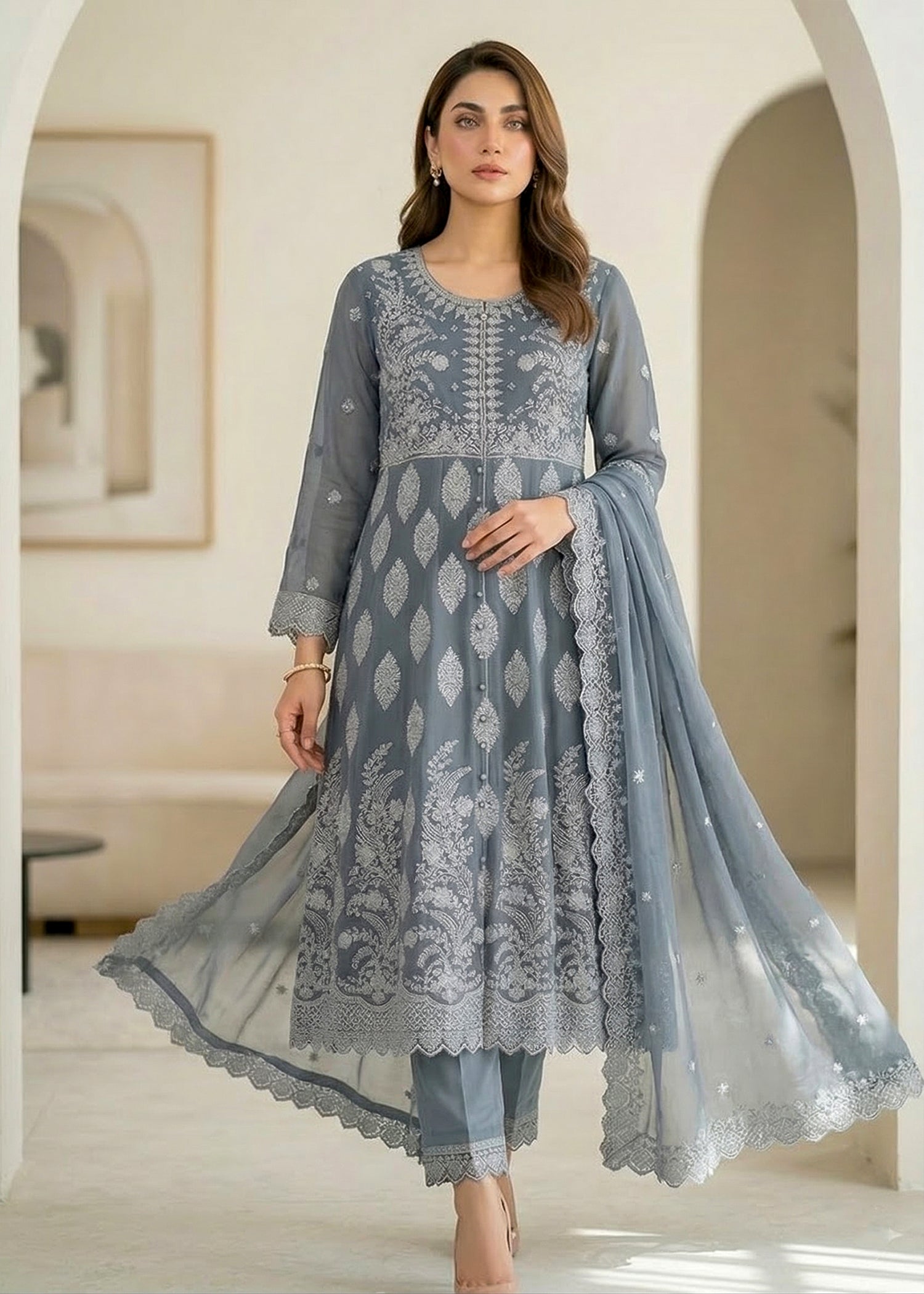 chiffon Pishwas in Pastel grey