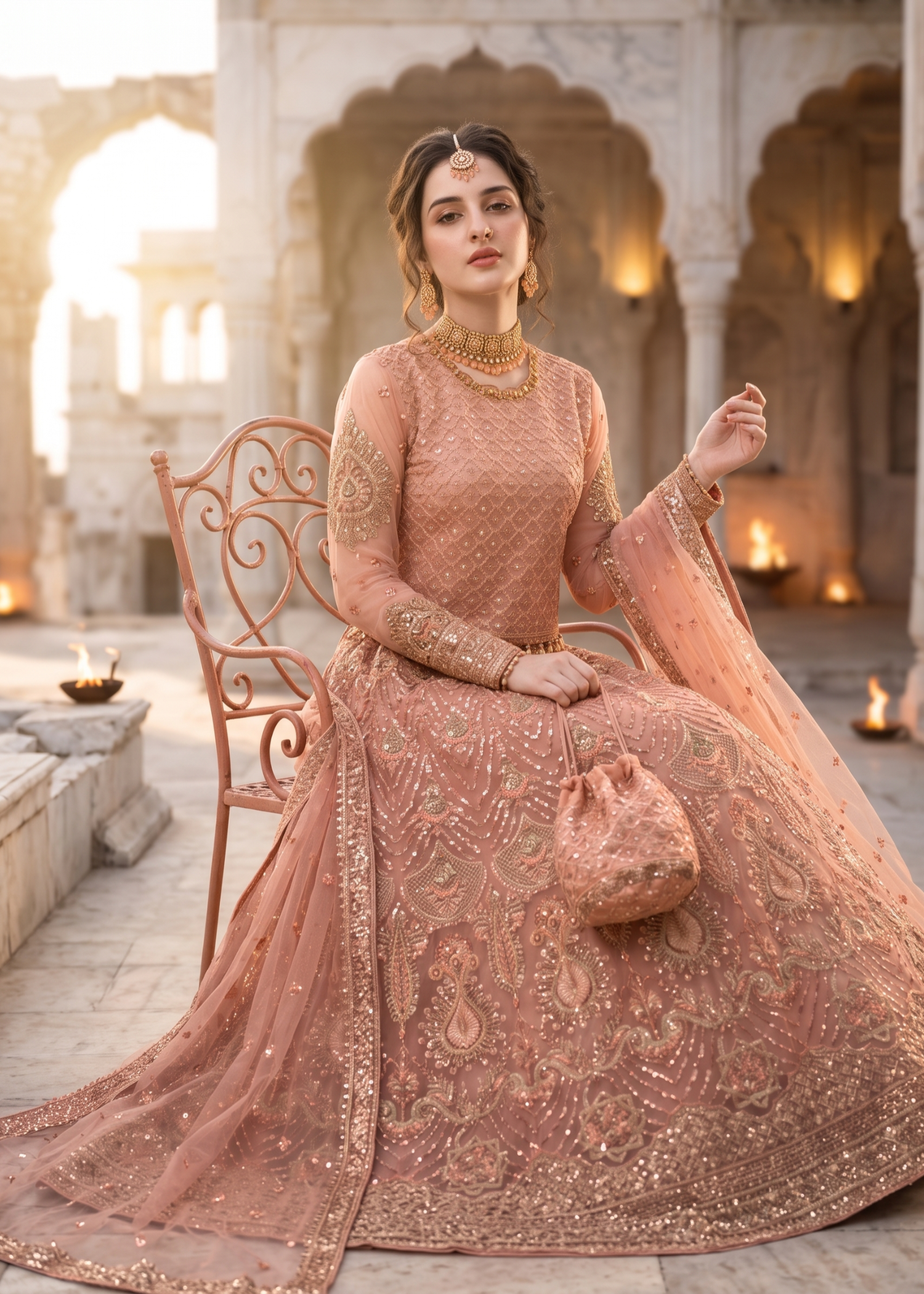 net Lehenga in Peach pink