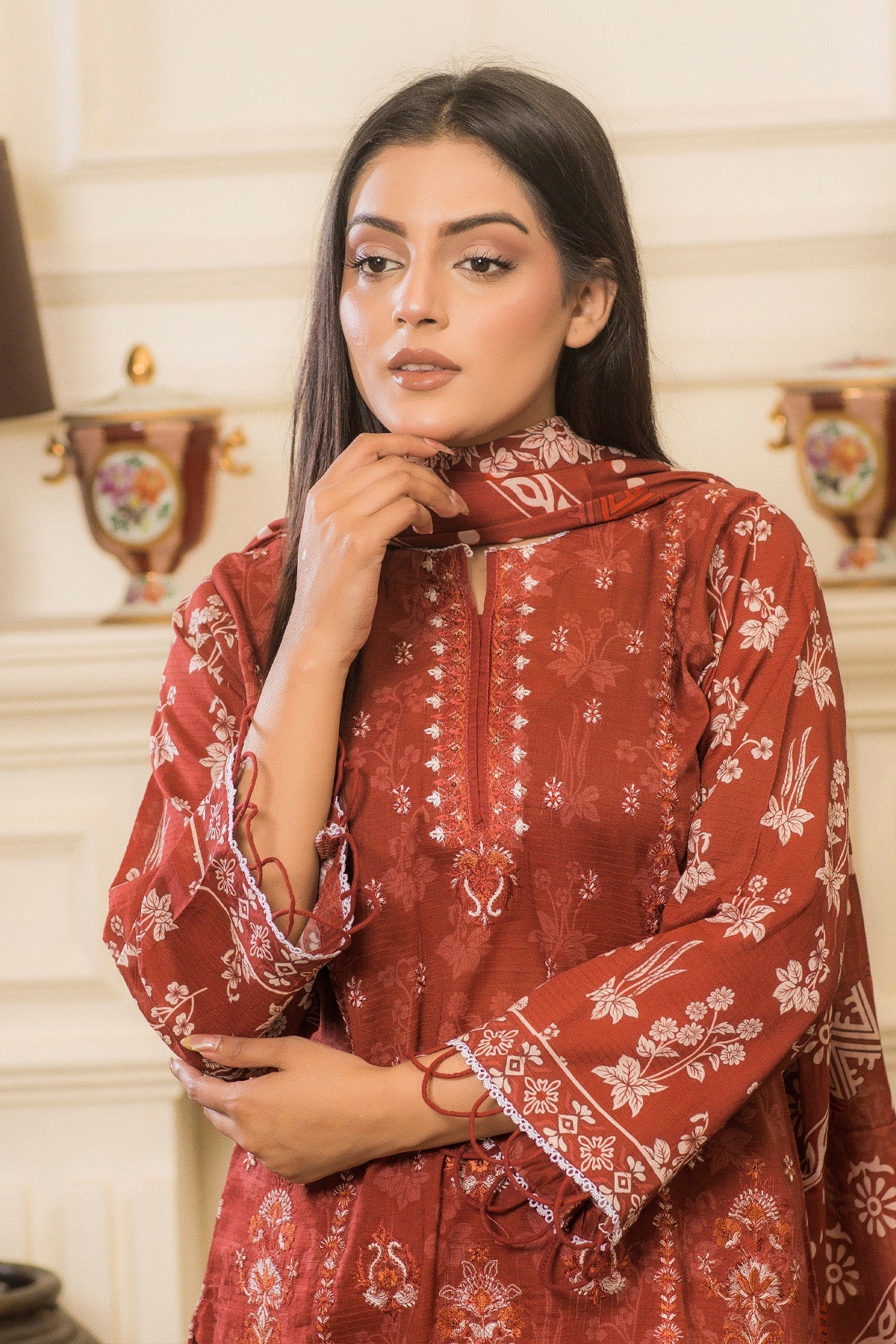 lawn voile Kurta Set in Rust orange