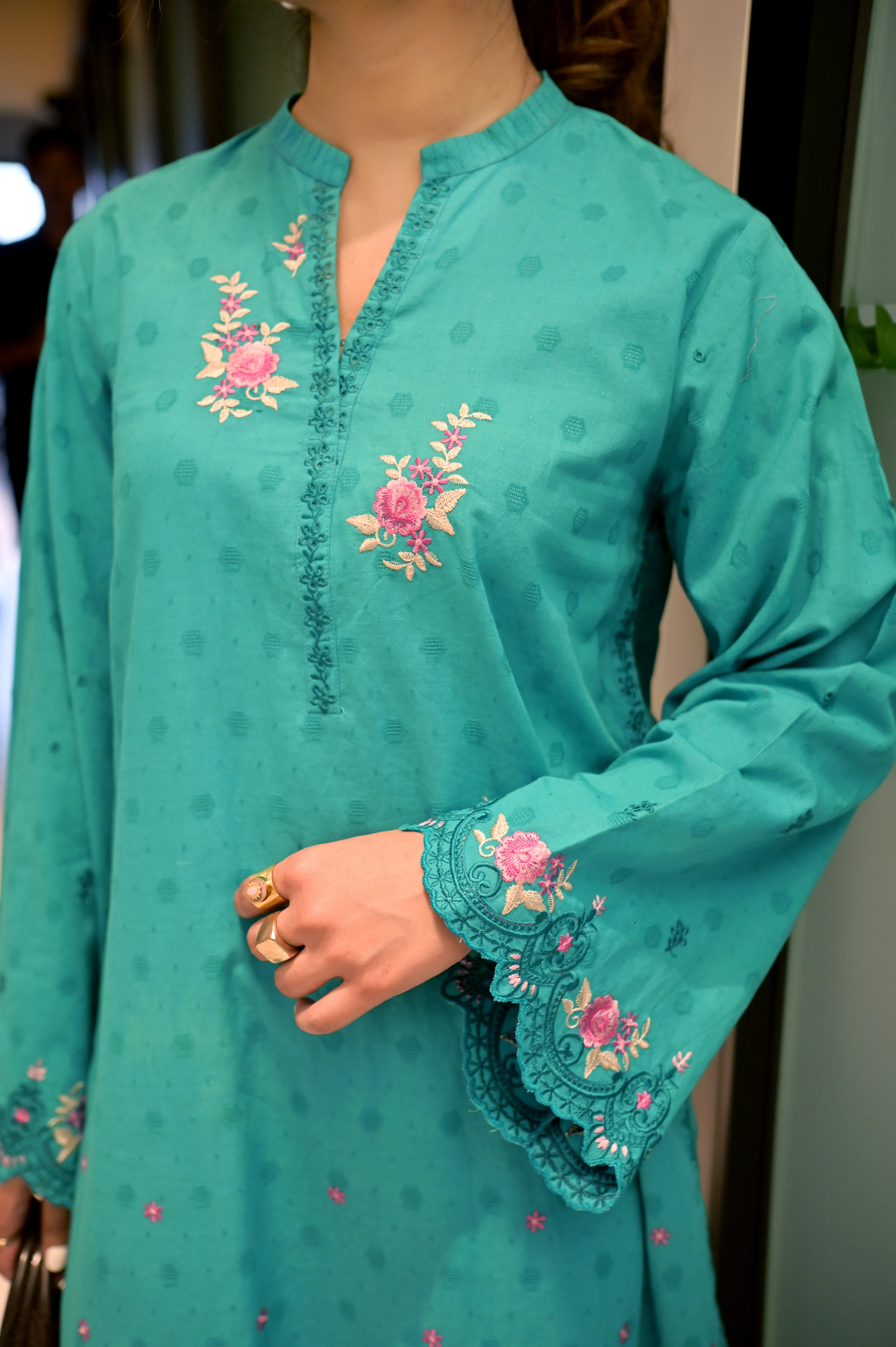 jacquard Kurti in Sea green