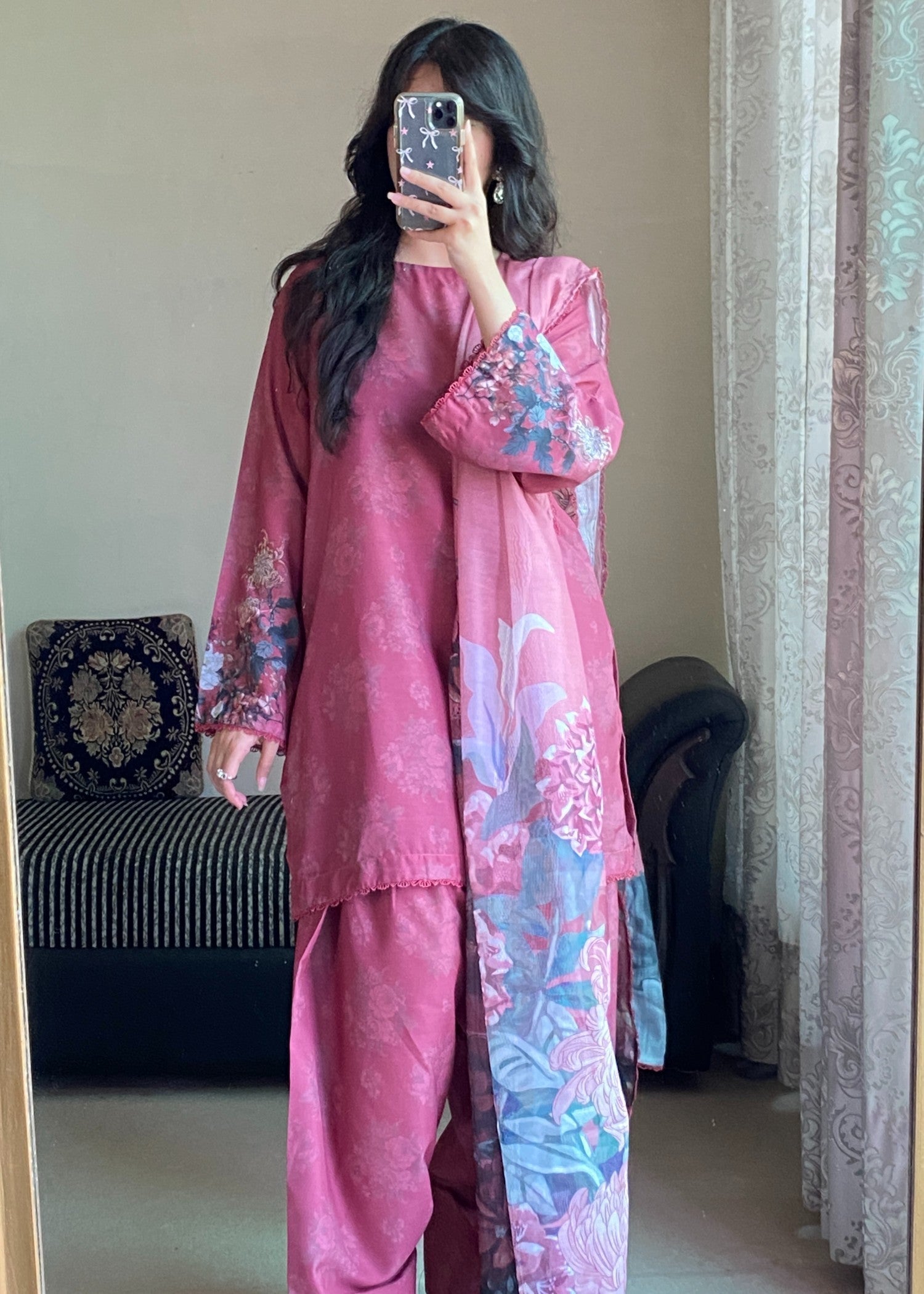 silk finish lawn Kurta Set in Magenta haze