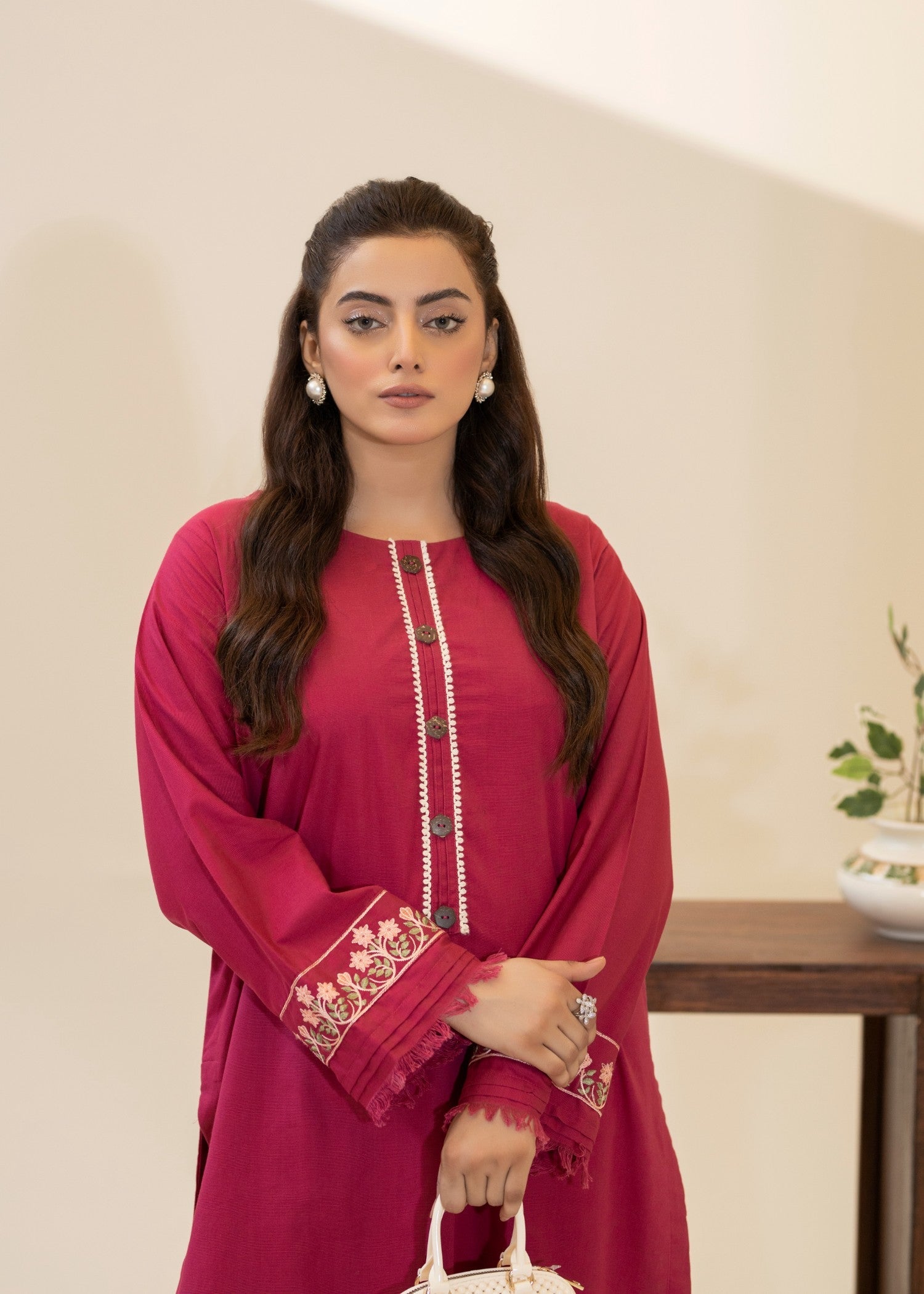 khaddar Kurta Set in Shocking pink