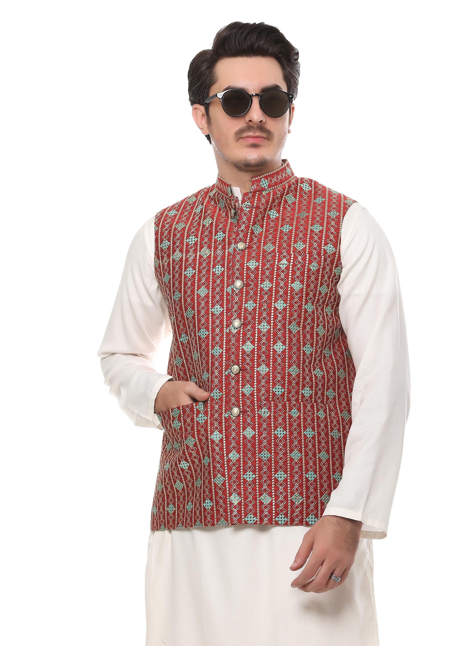 banarsi silk Waistcoat in Red