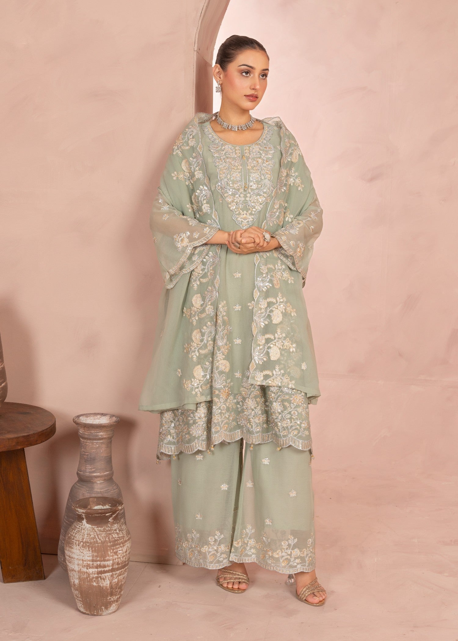 bemberg crinkle chiffon Short Frock in Pistachio green