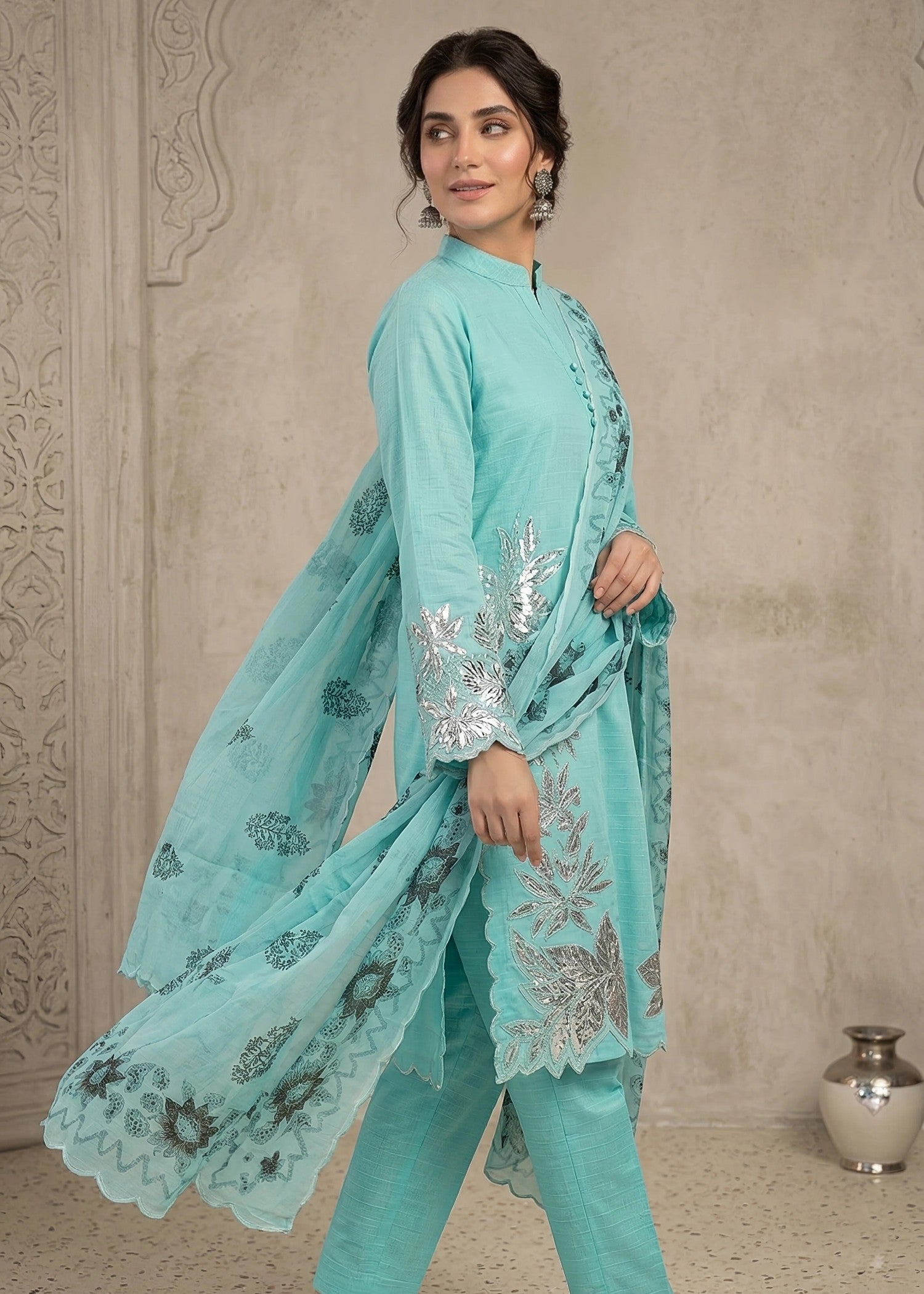 cambric cotton Kurta Set in Aquamarine