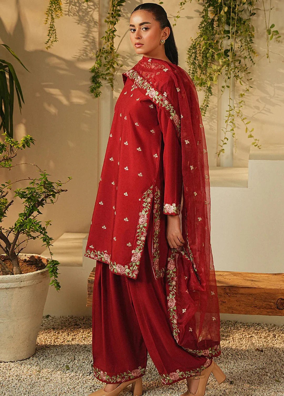 linen Kurta Set in Fire red