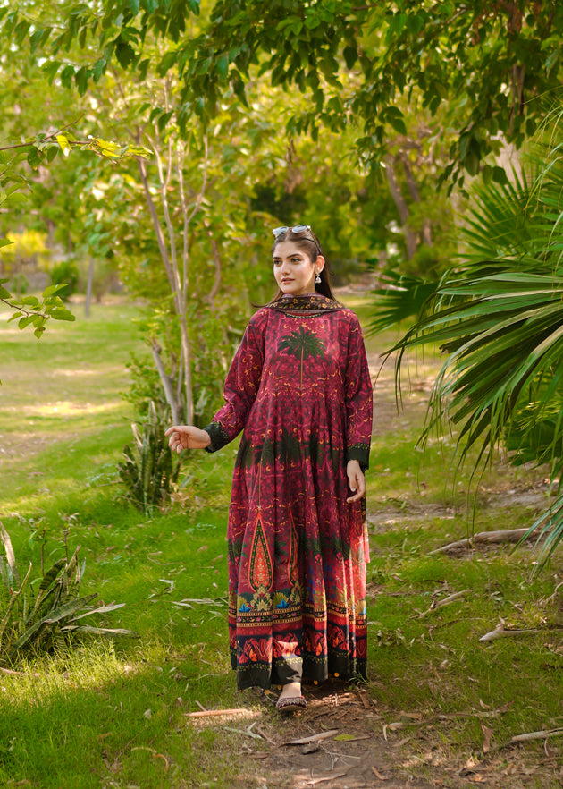 poly lawn Anarkali in Blood red, tomato red, fire red
