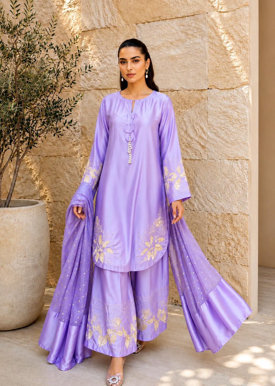 polyester charmeuse Kurta Set in Lilac