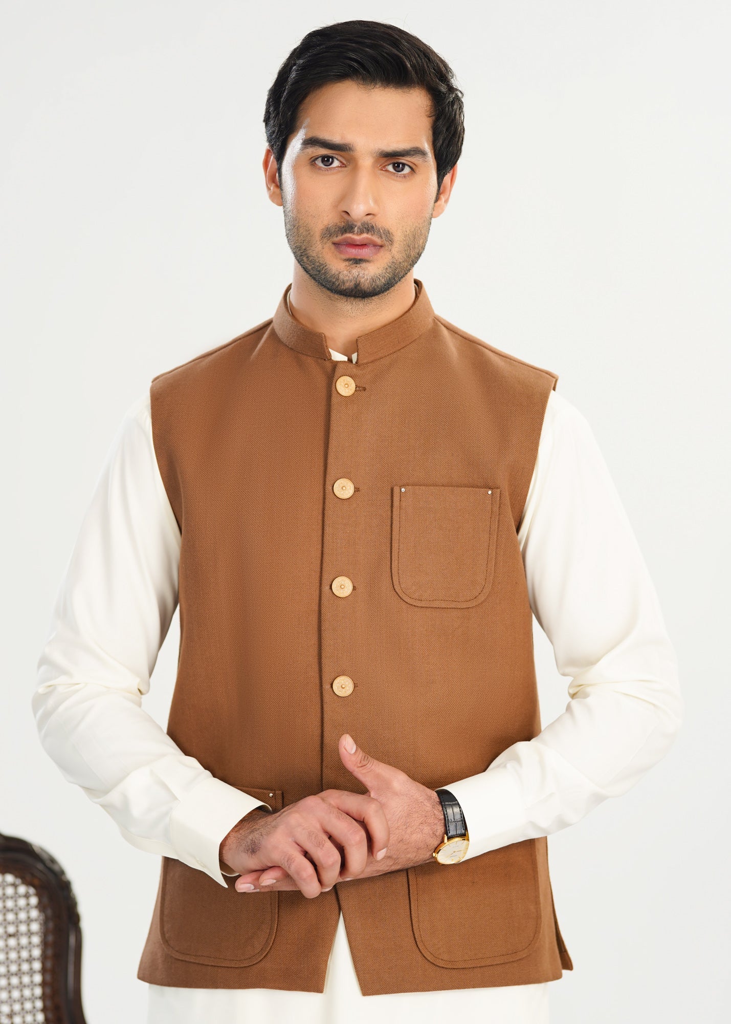 handwoven khaddar Waistcoat in Off-white, camel brown