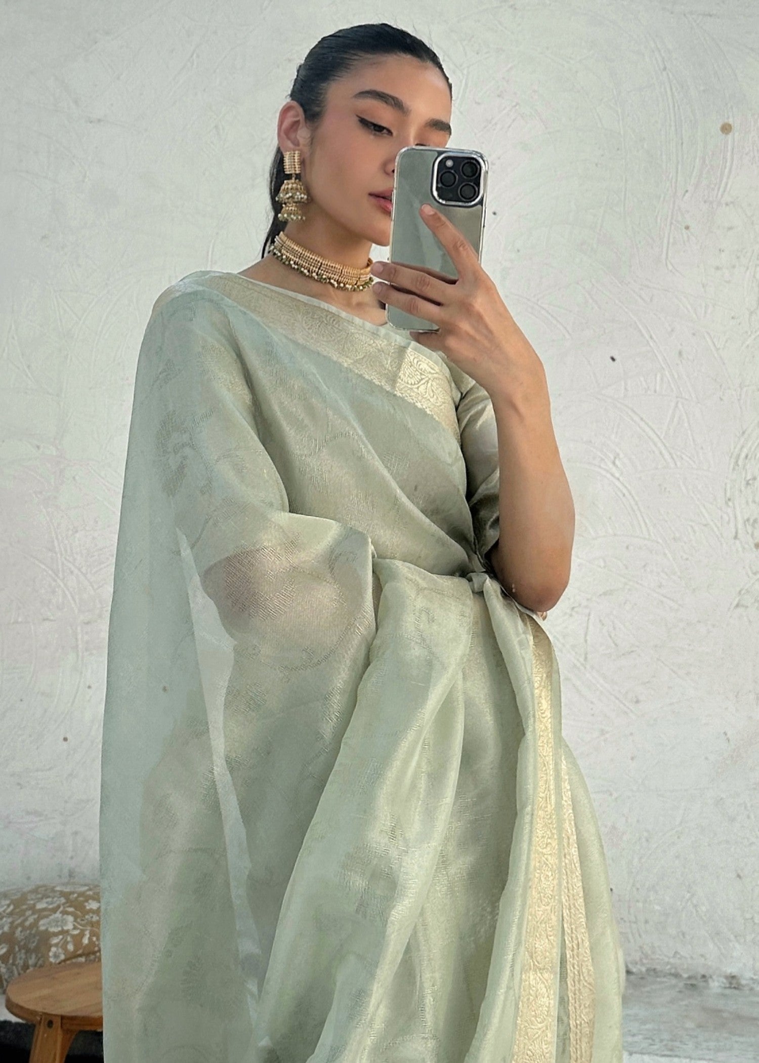 tissue silk Saree in Sage green