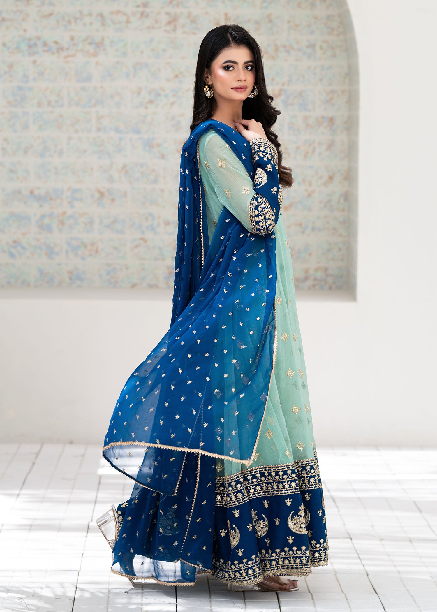 chiffon Anarkali in Aquamarine
