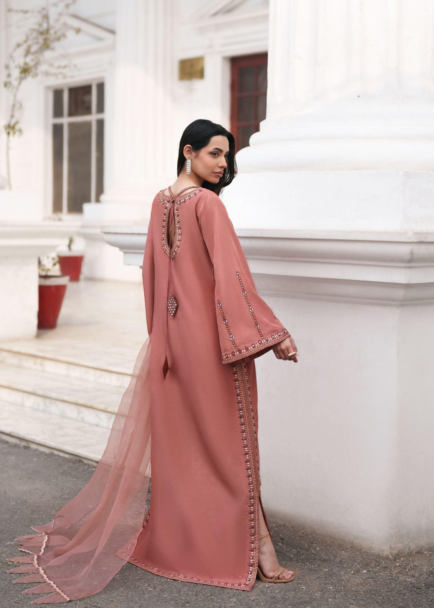 tissue silk Kaftan in Peach pink