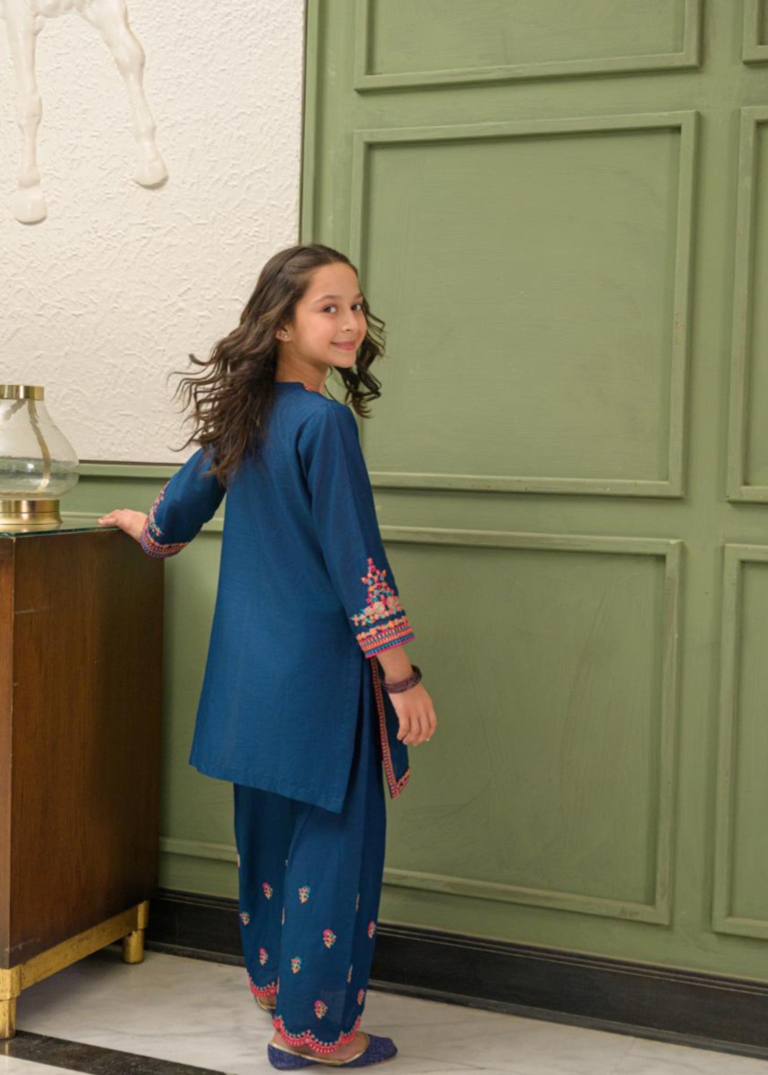 lawn Kurta Set in Dark blue