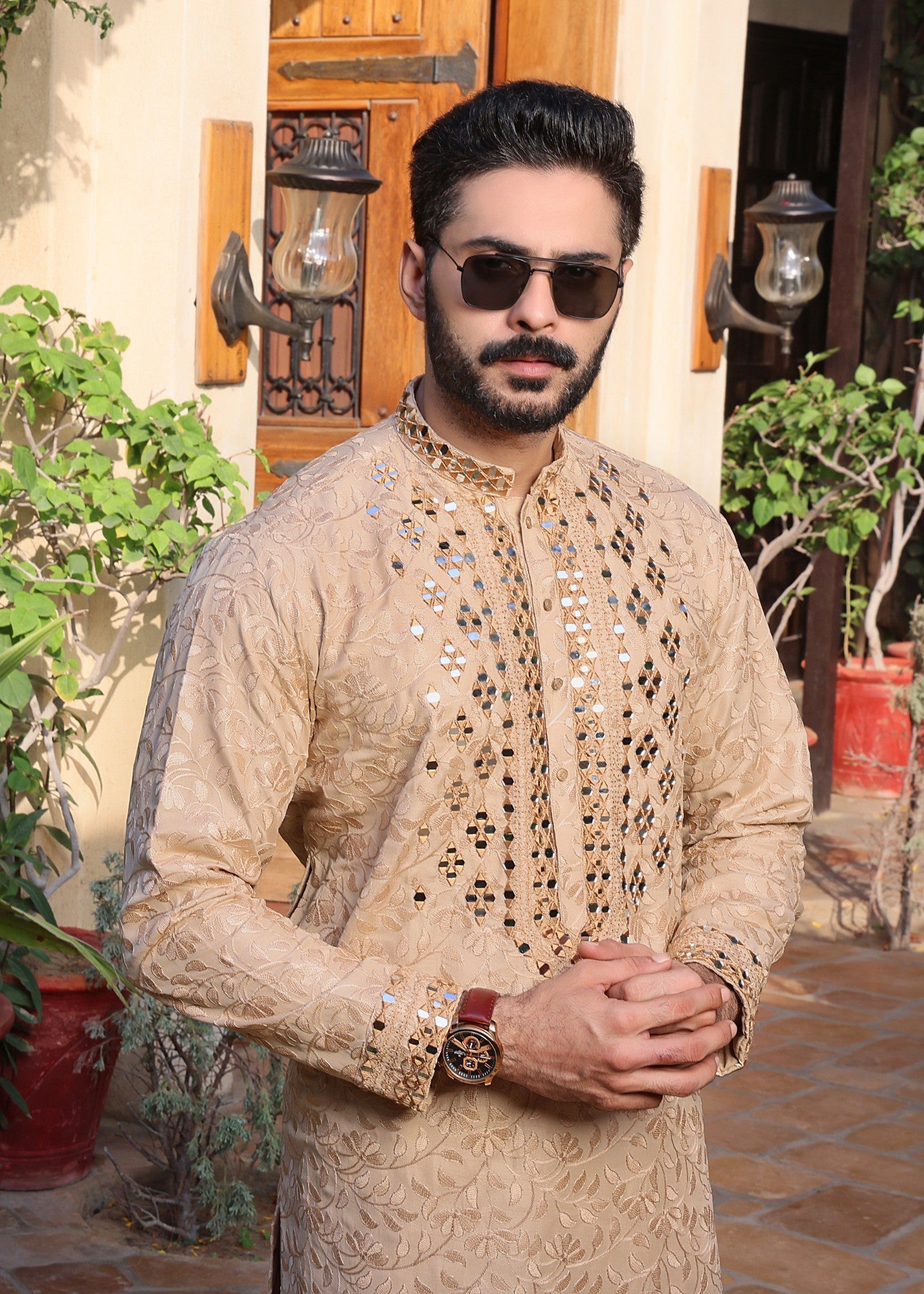 jamawar Kurta Set in Beige
