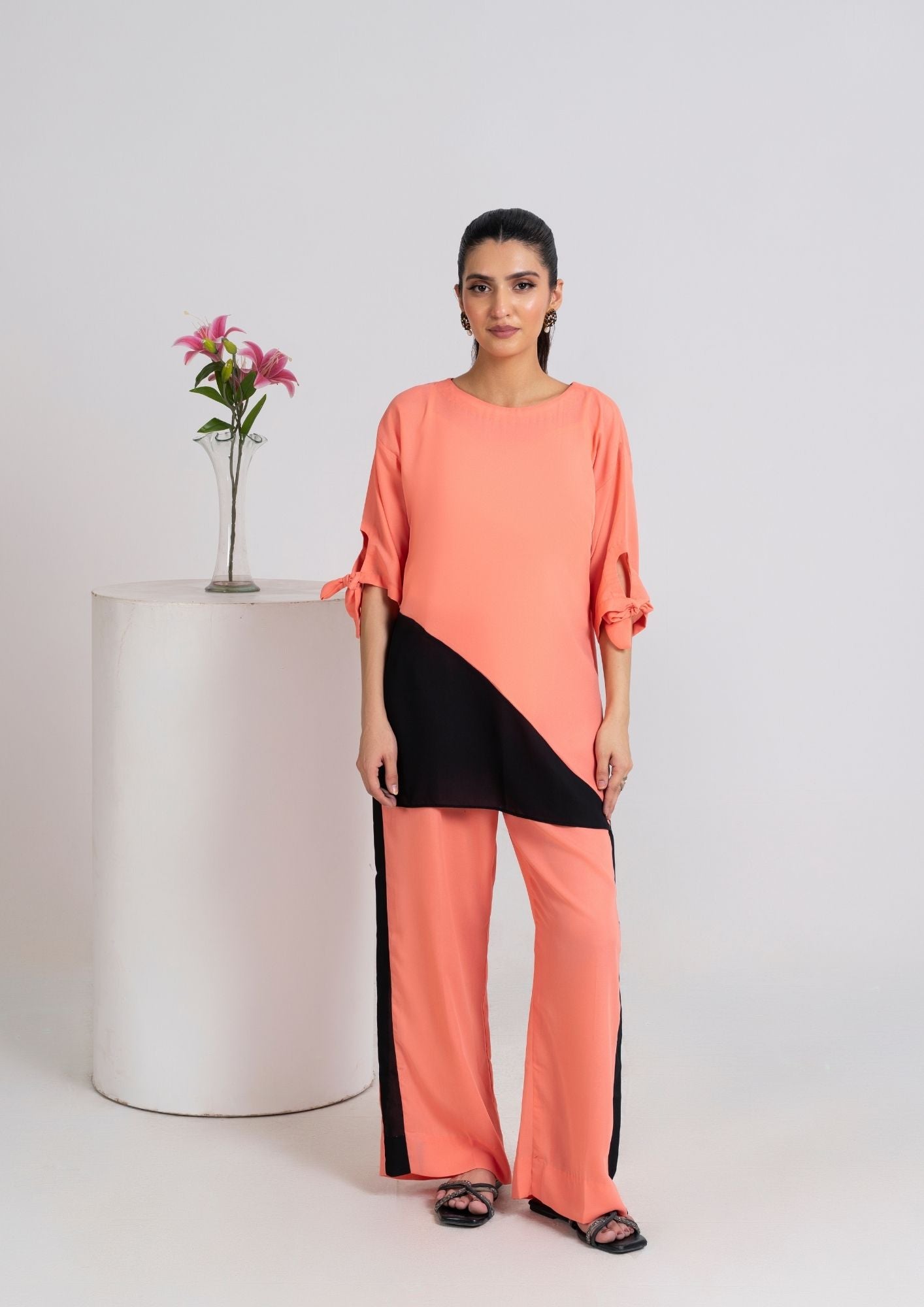 georgette Tunic in Peach orange, black