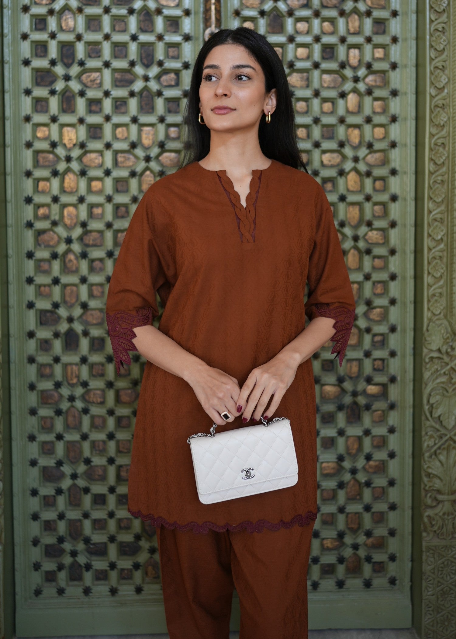 self jacquard Co Ord Sets in Brown